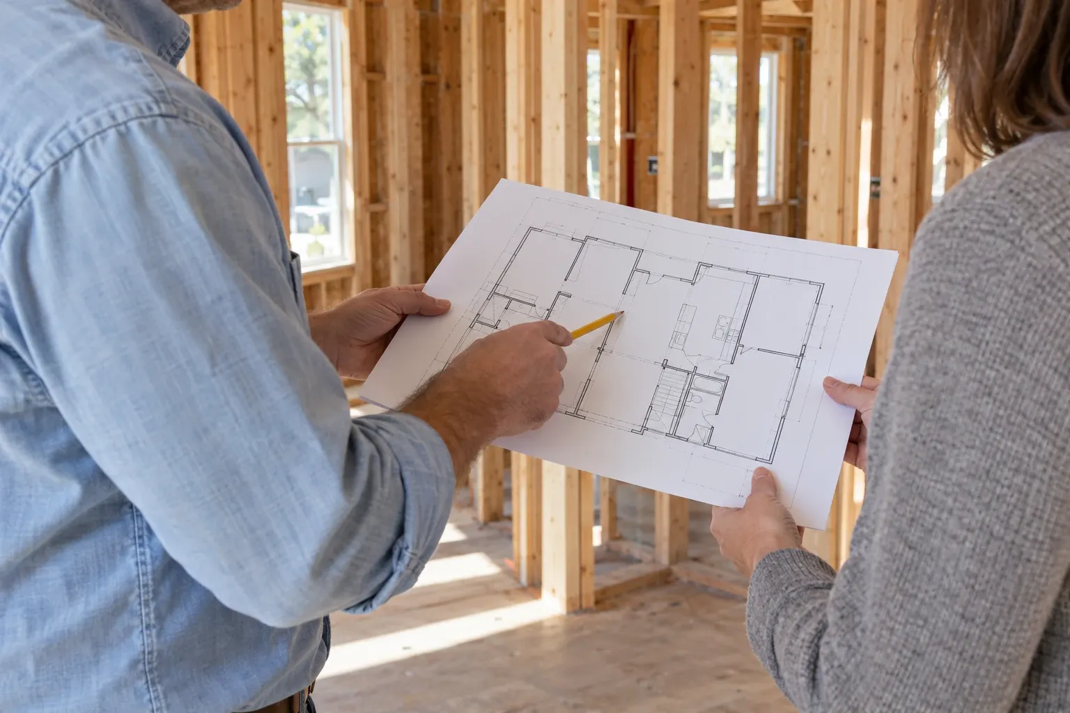 Floor plans reviewed inside a room with exposed wood framing