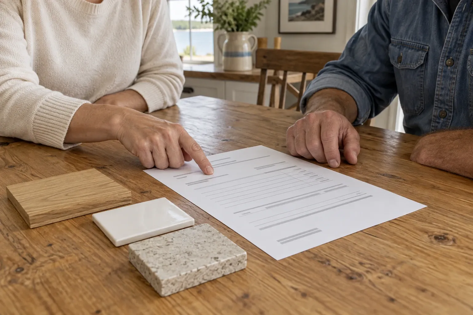 A proposal and finish samples reviewed together at a table