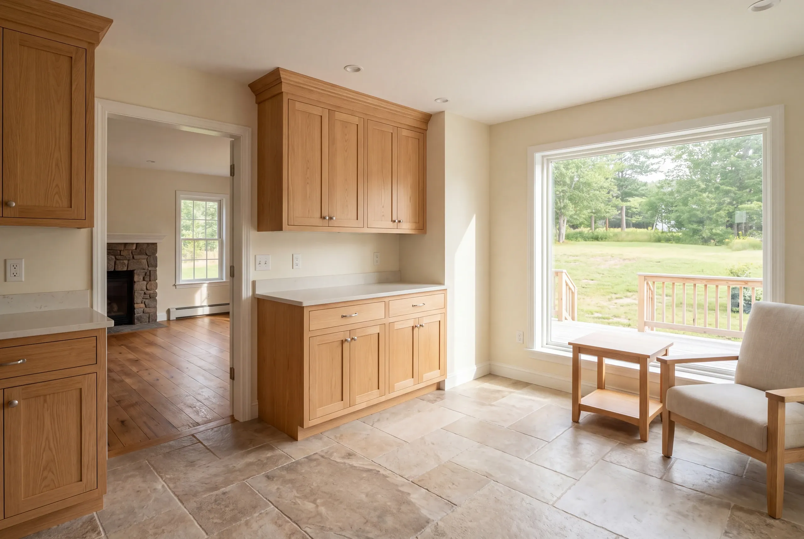 A finished room with light wood cabinetry, stone-look tile flooring, and a large window overlooking a deck and grassy yard.