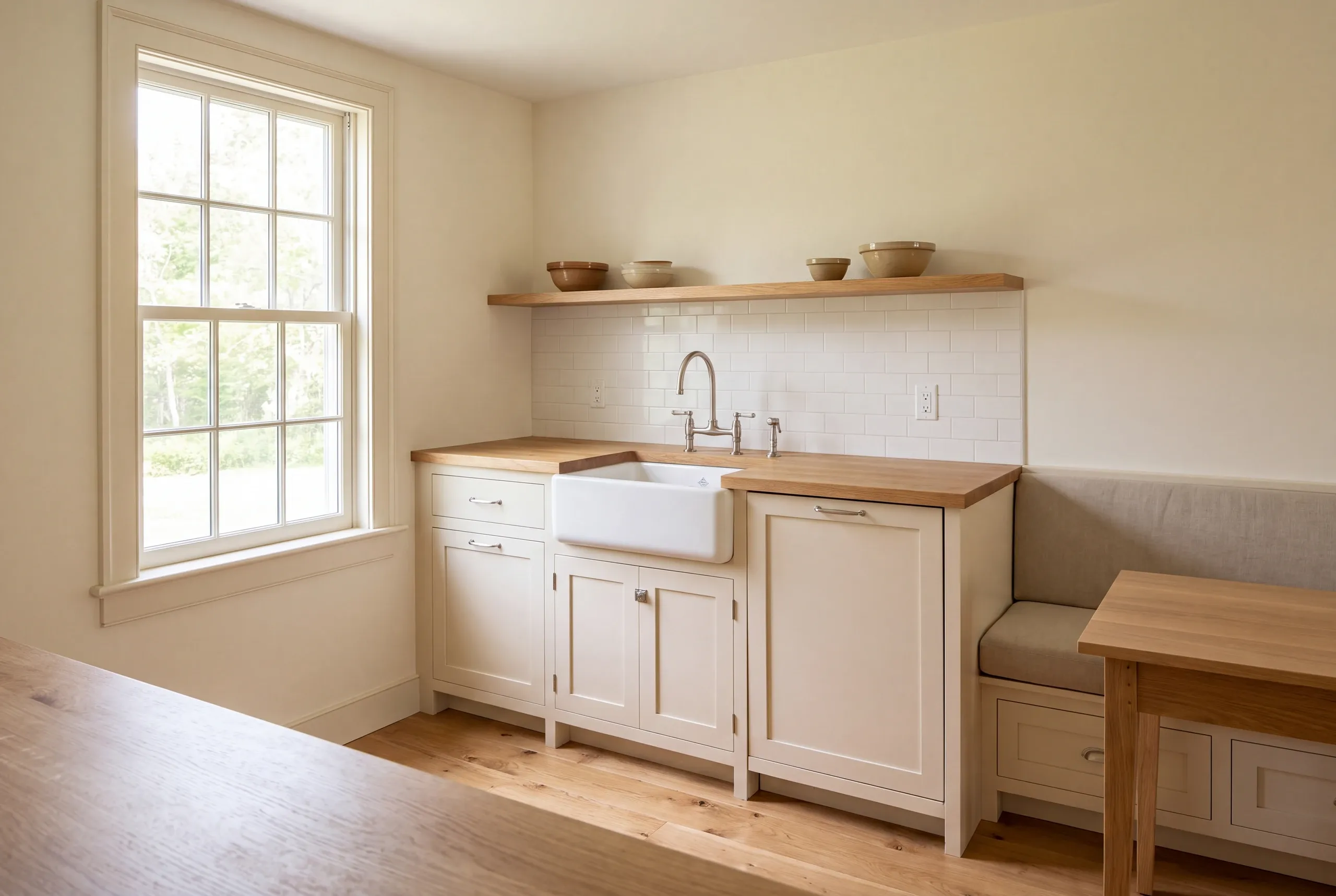 Kitchen remodeling in Arrowsic, ME: interior view of a kitchen corner featuring pale painted cabinets, a farmhouse sink, and a wooden countertop beside a multi-pane window.