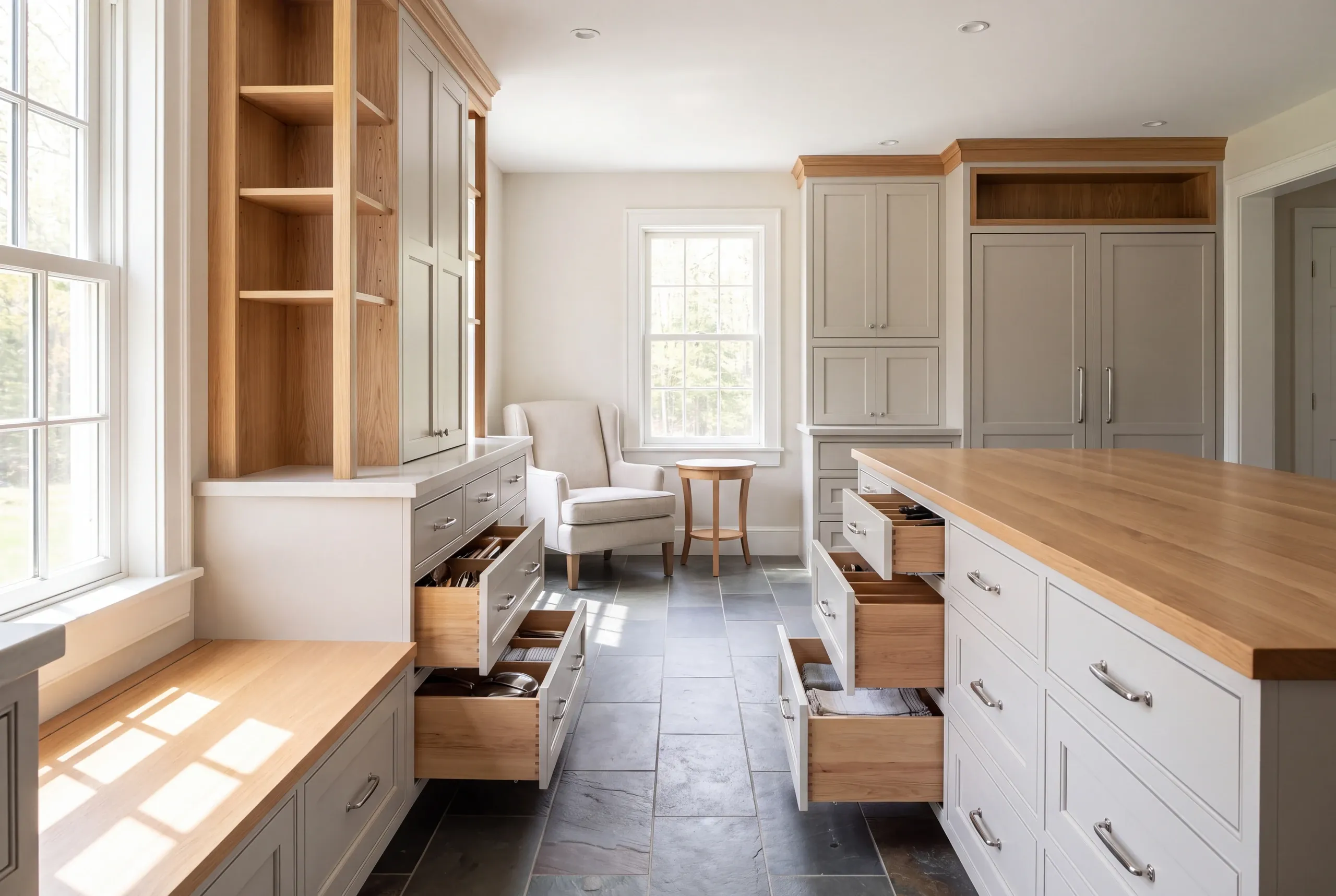 A bright kitchen features shaker cabinetry in grey with natural wood countertops and open shelving, an island with open drawers, and a tiled floor.