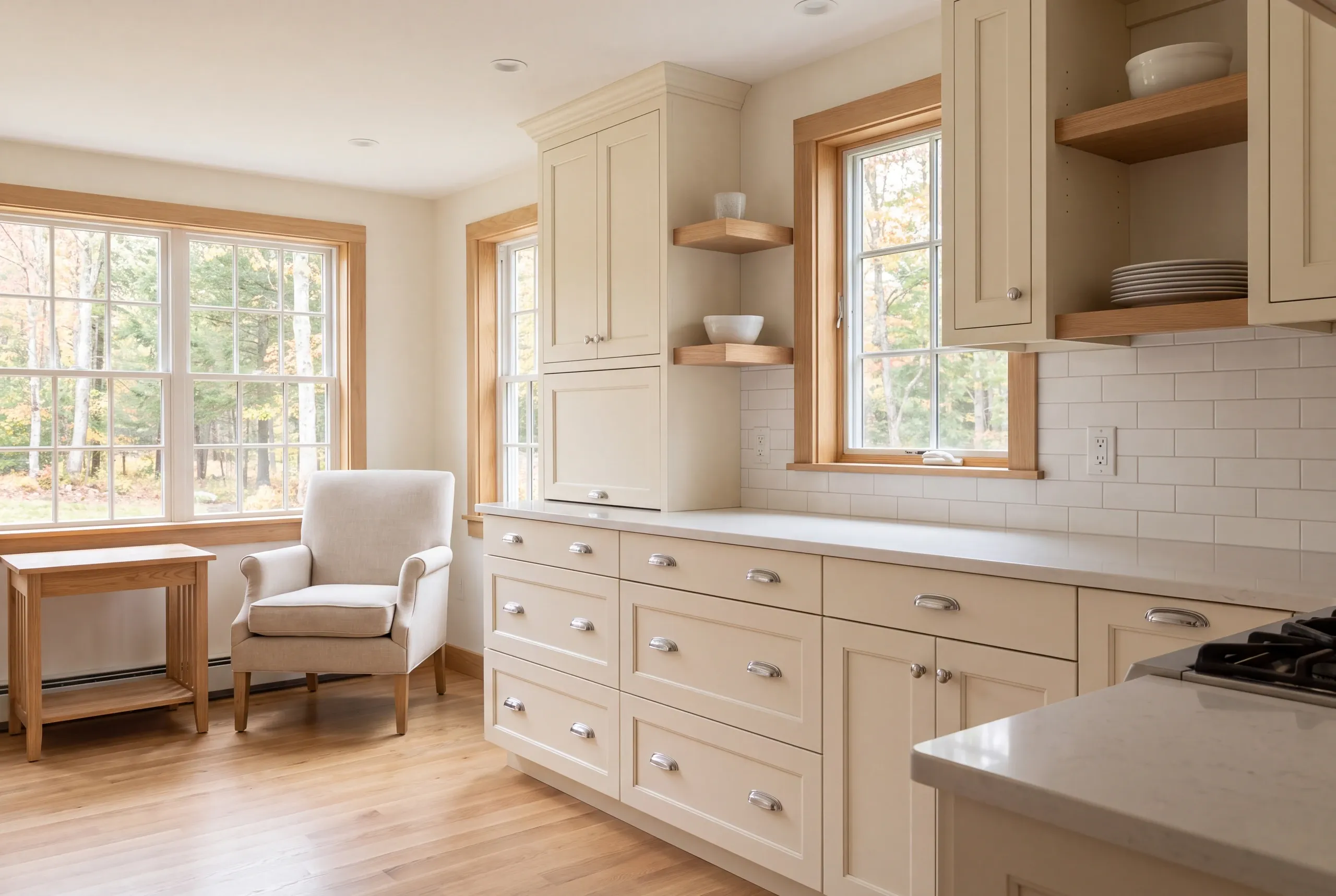 A kitchen interior featuring light shaker cabinets, pale countertops, open wooden shelving, and a white tile backsplash.