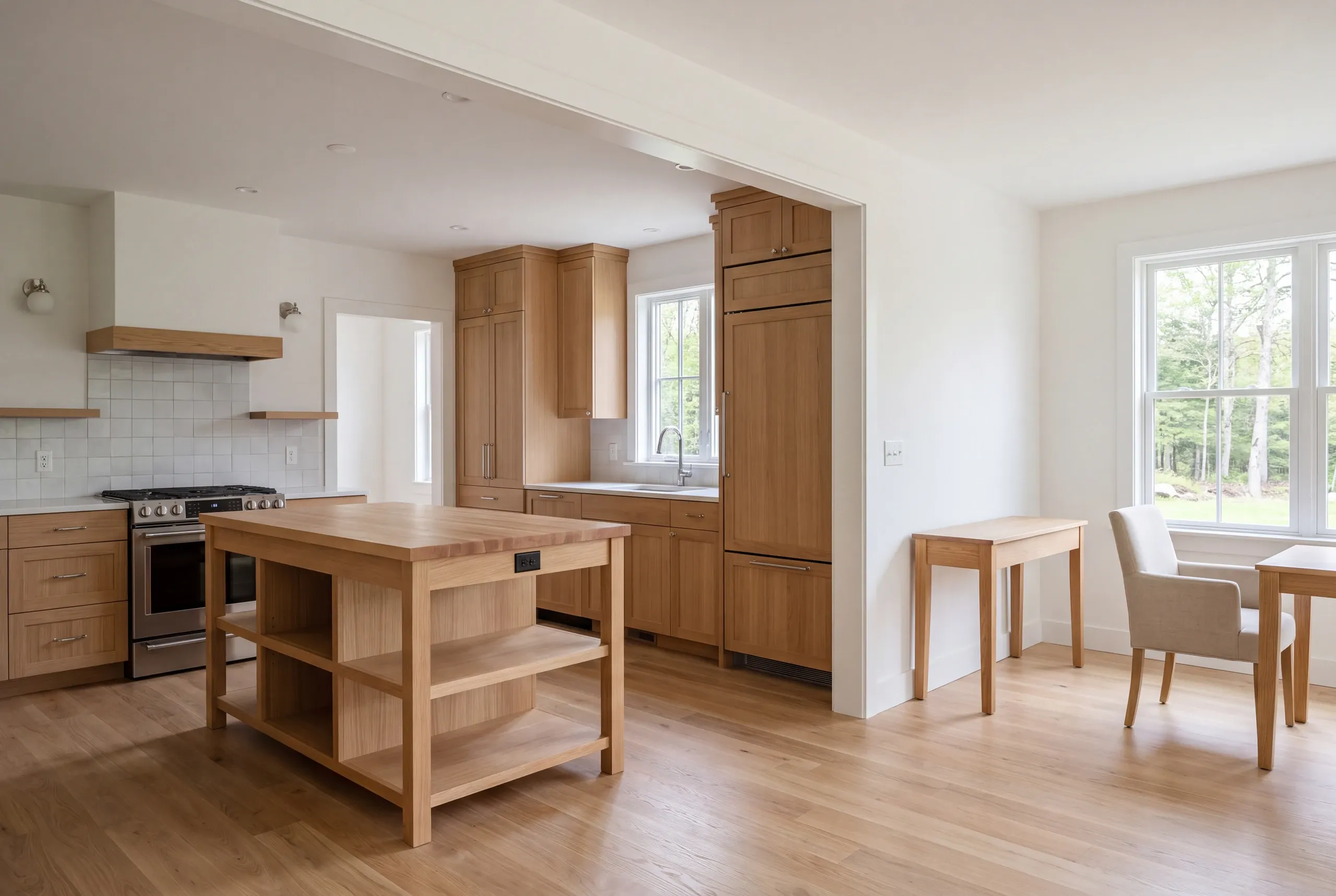 A finished kitchen with wooden cabinetry, a central island, and an adjacent dining area with a window.