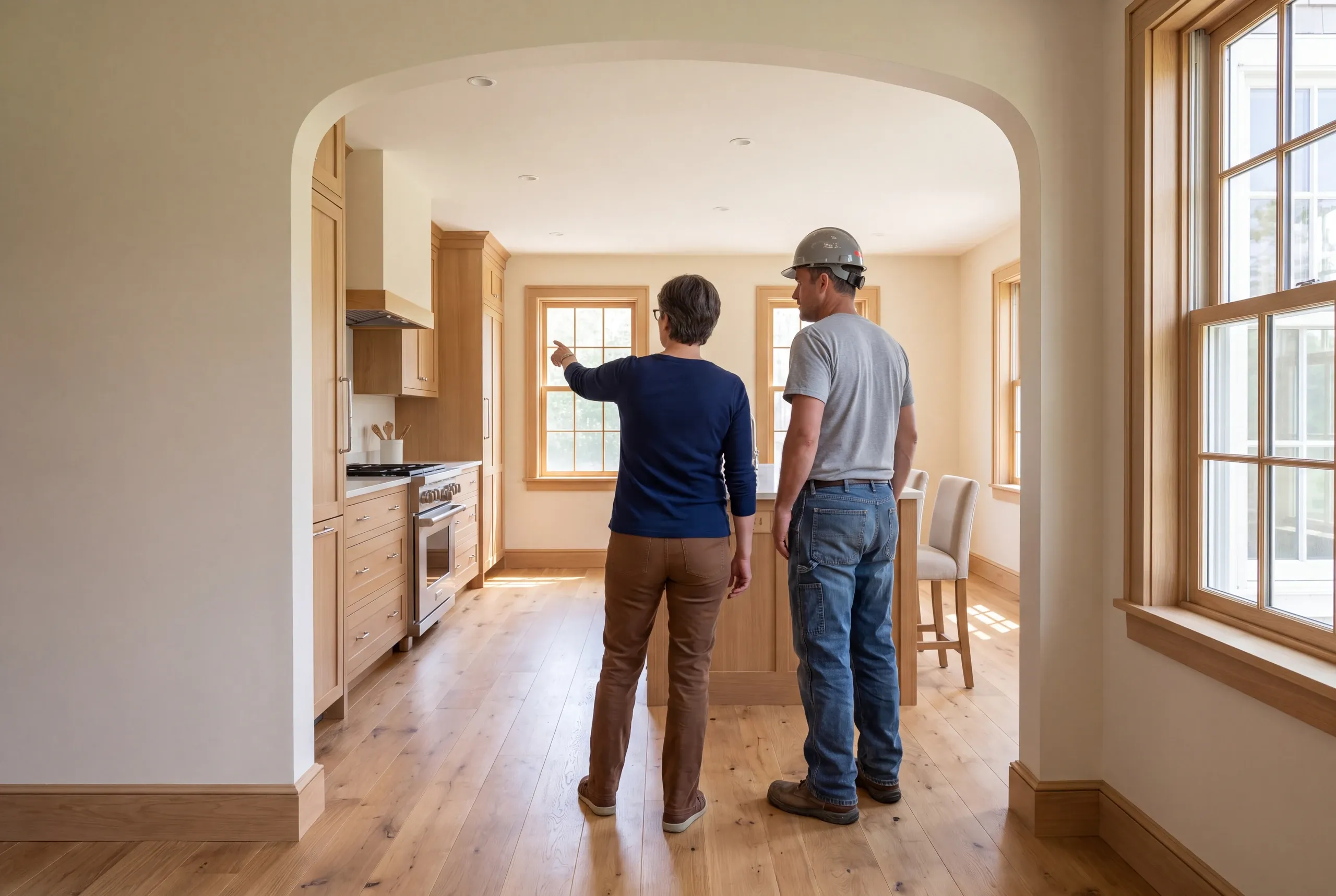 Two adults stand in a finished kitchen with light wood cabinets and hardwood floors, viewed from behind through an arched doorway.