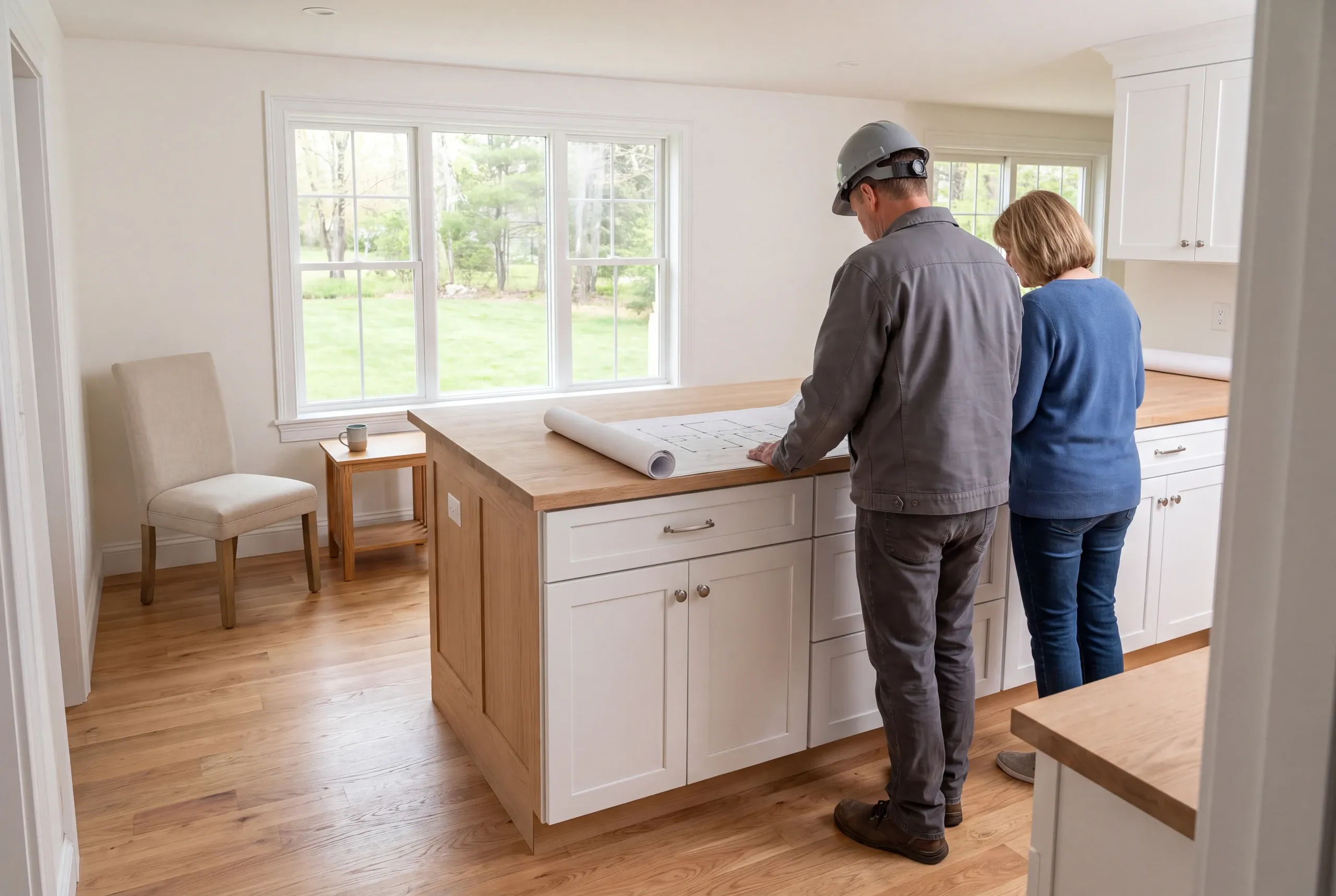 A builder in a hard hat and a woman stand behind a kitchen island reviewing blueprints spread across the wooden countertop.