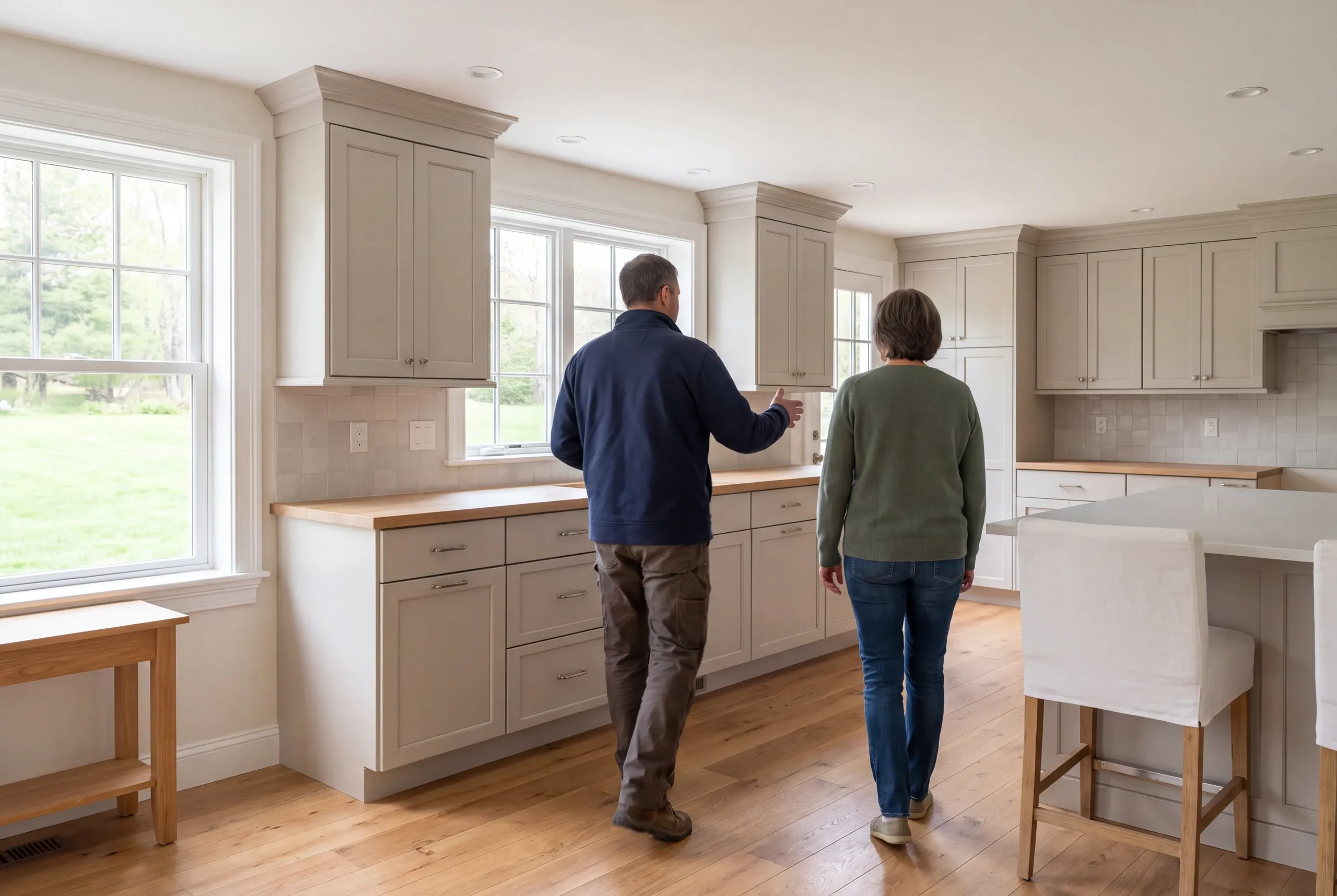Two adults seen from behind walk through a finished kitchen with light gray shaker cabinetry and wood countertops.