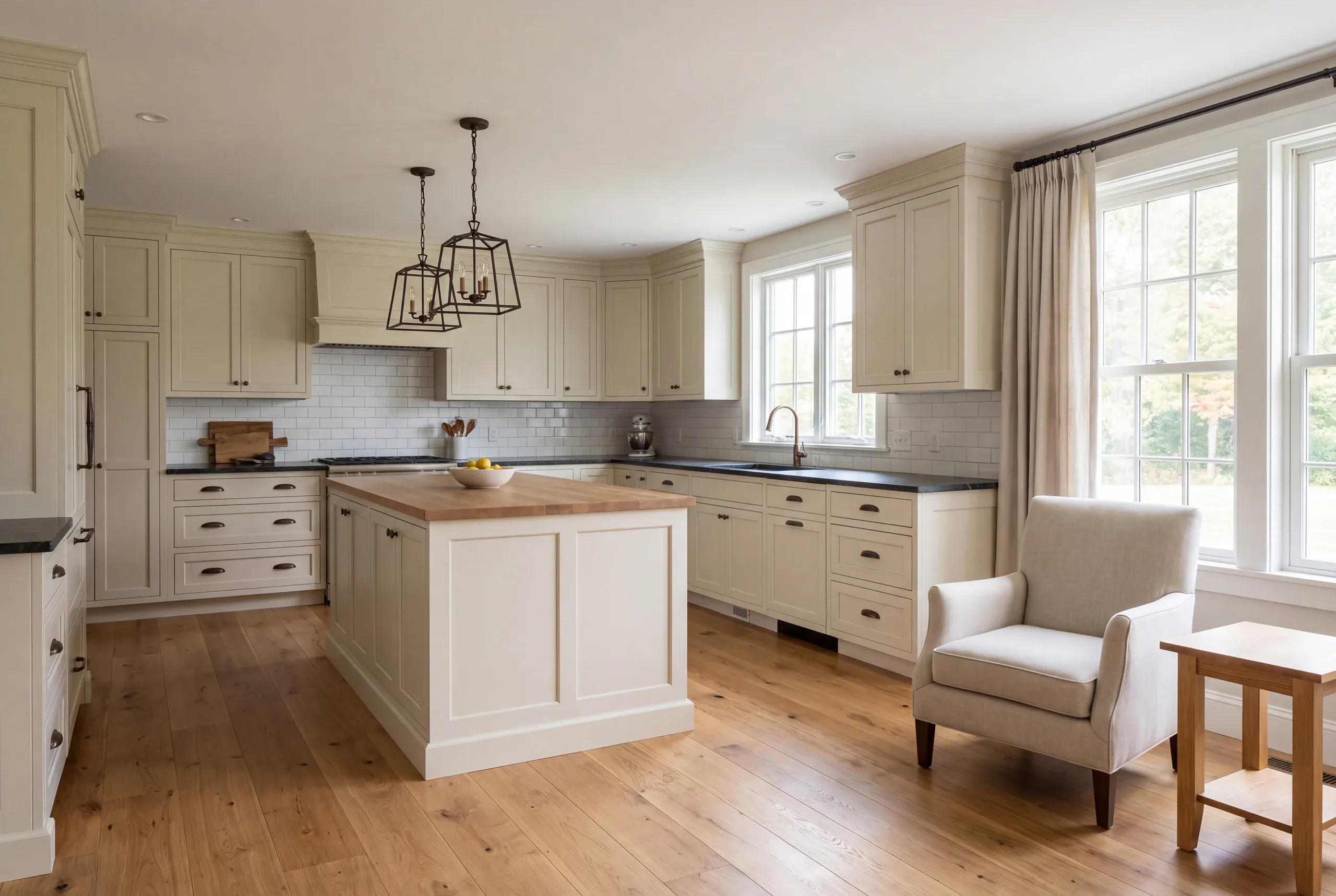 A finished kitchen with cream shaker cabinets, wooden island, hardwood floors, and an armchair by the window.