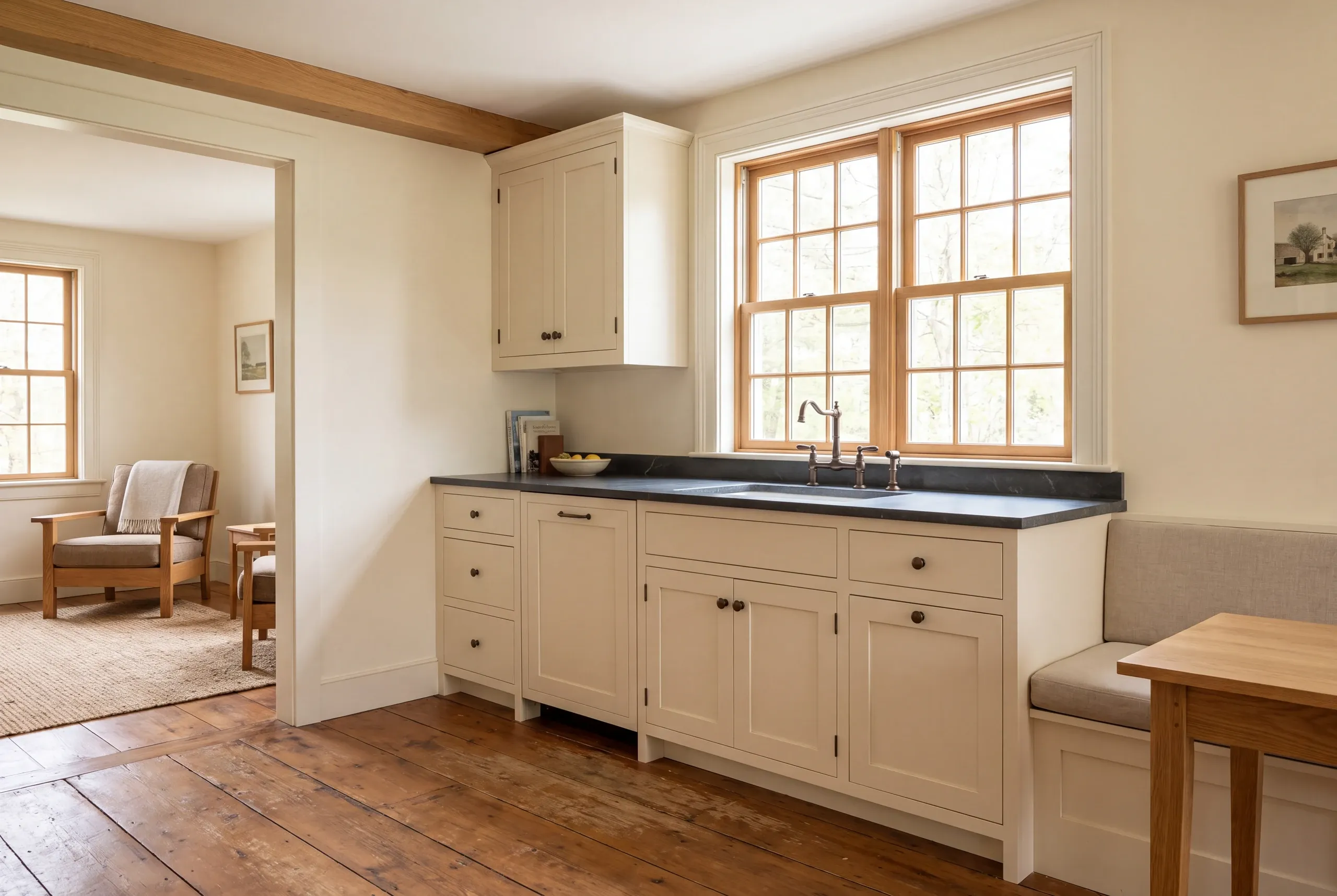 Kitchen remodeling in Bath, ME: interior view of a kitchen featuring painted cabinetry, a dark countertop, a multi-pane wooden window, and hardwood floors.