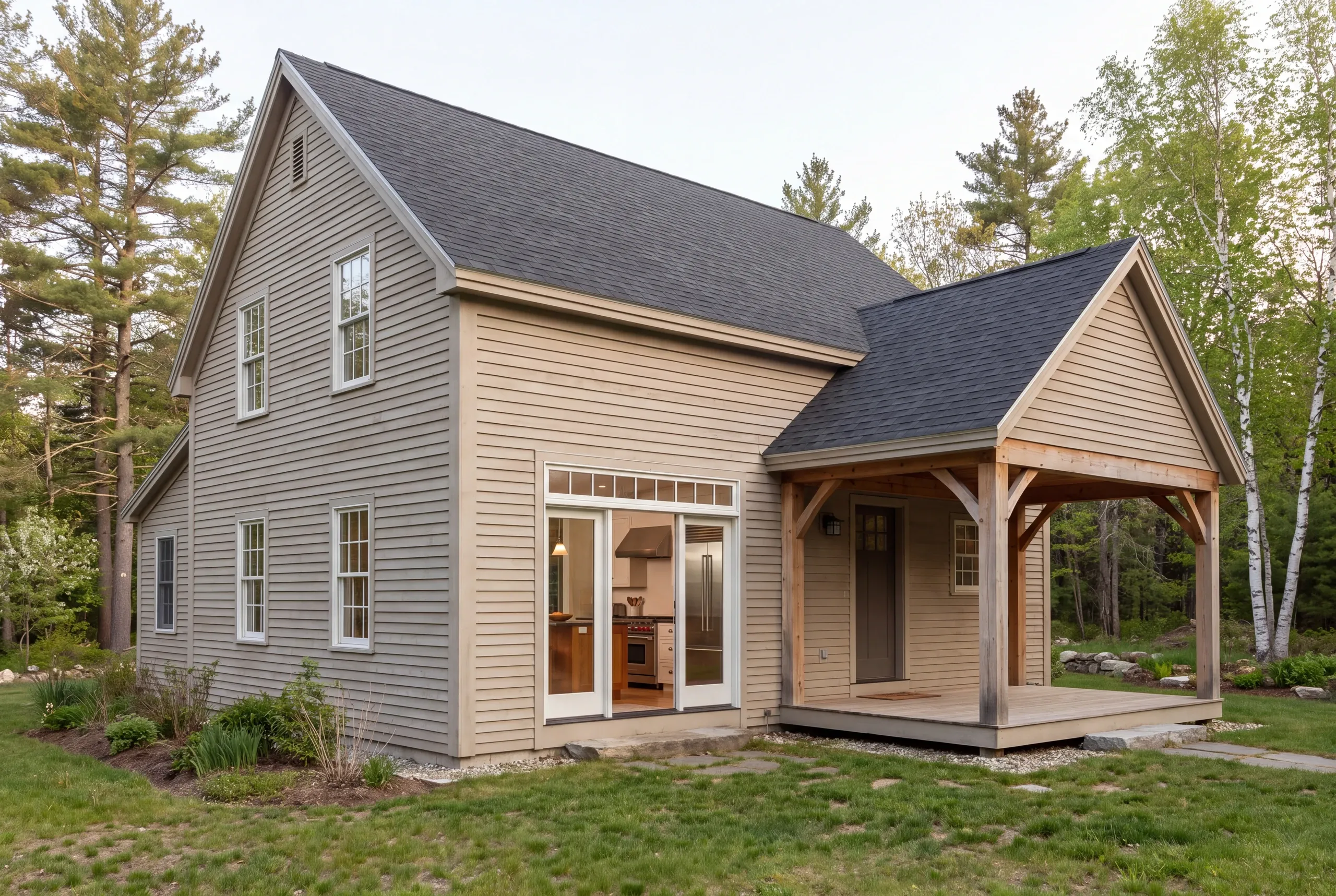 Exterior view of a two-story gray sided home with a covered front porch and an open glass door revealing a kitchen inside.