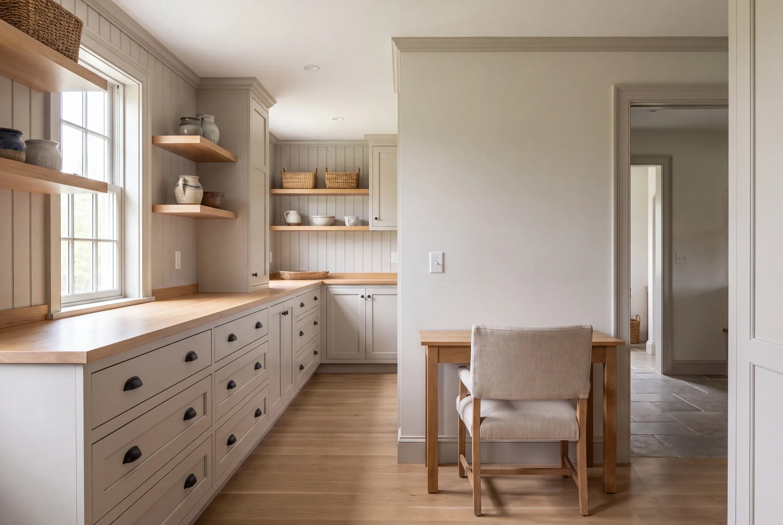 Light-colored shaker cabinetry with wooden countertops lines the wall of a brightly lit kitchen space featuring an open walking aisle and a small desk with a chair.