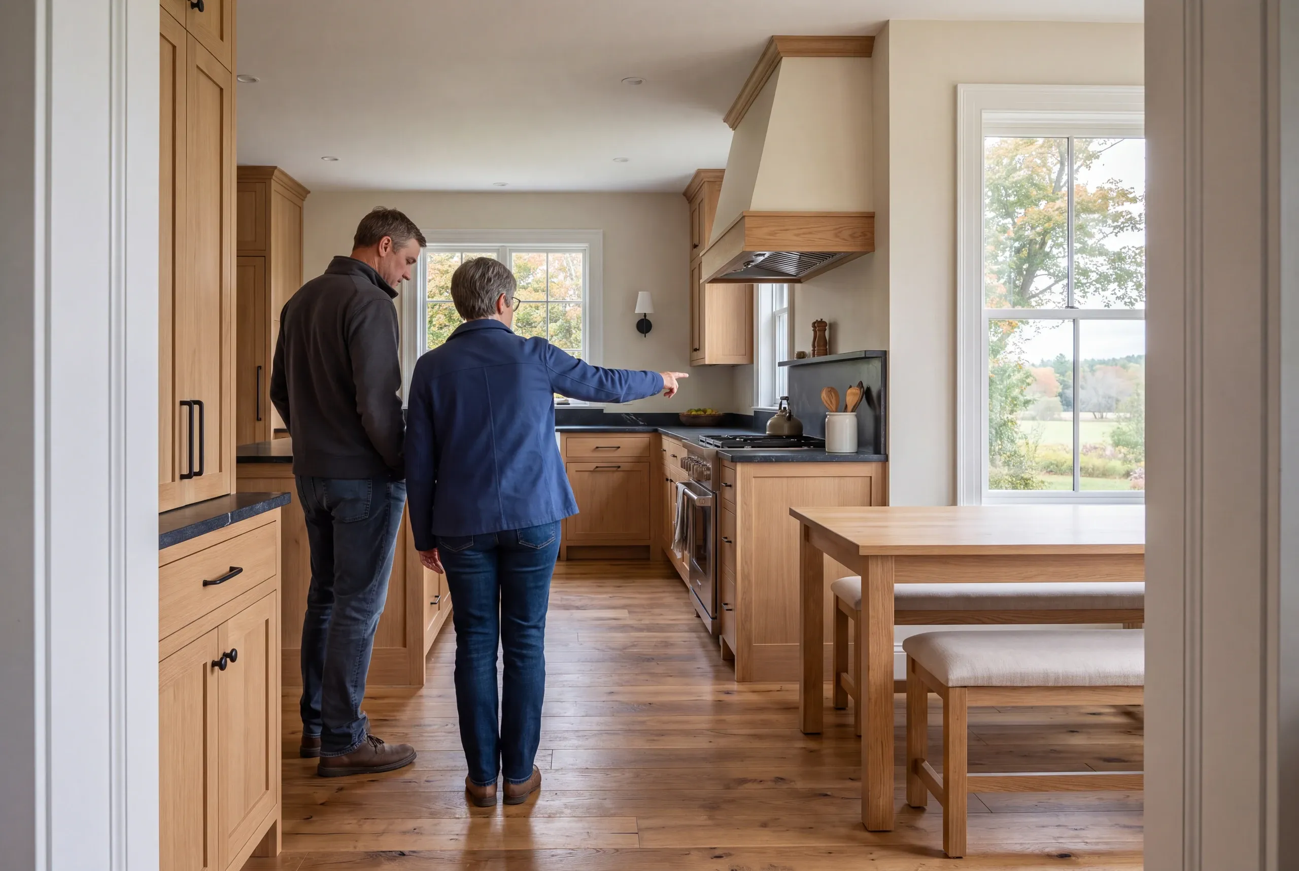 Two adults stand in a finished kitchen with wooden cabinetry and flooring, while one person points toward the stove area.