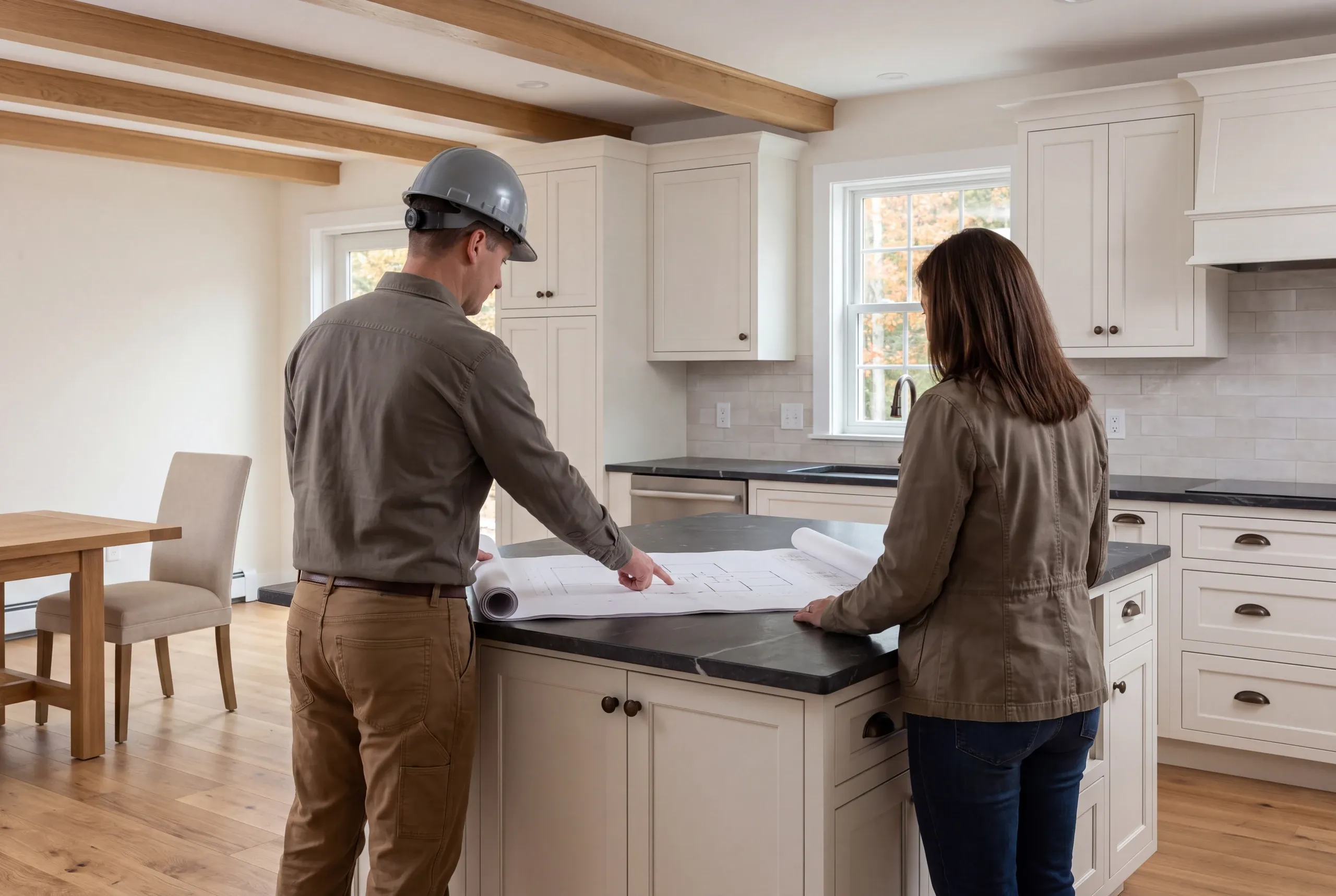 A person in a hard hat and another person stand on opposite sides of a kitchen island reviewing blueprints.