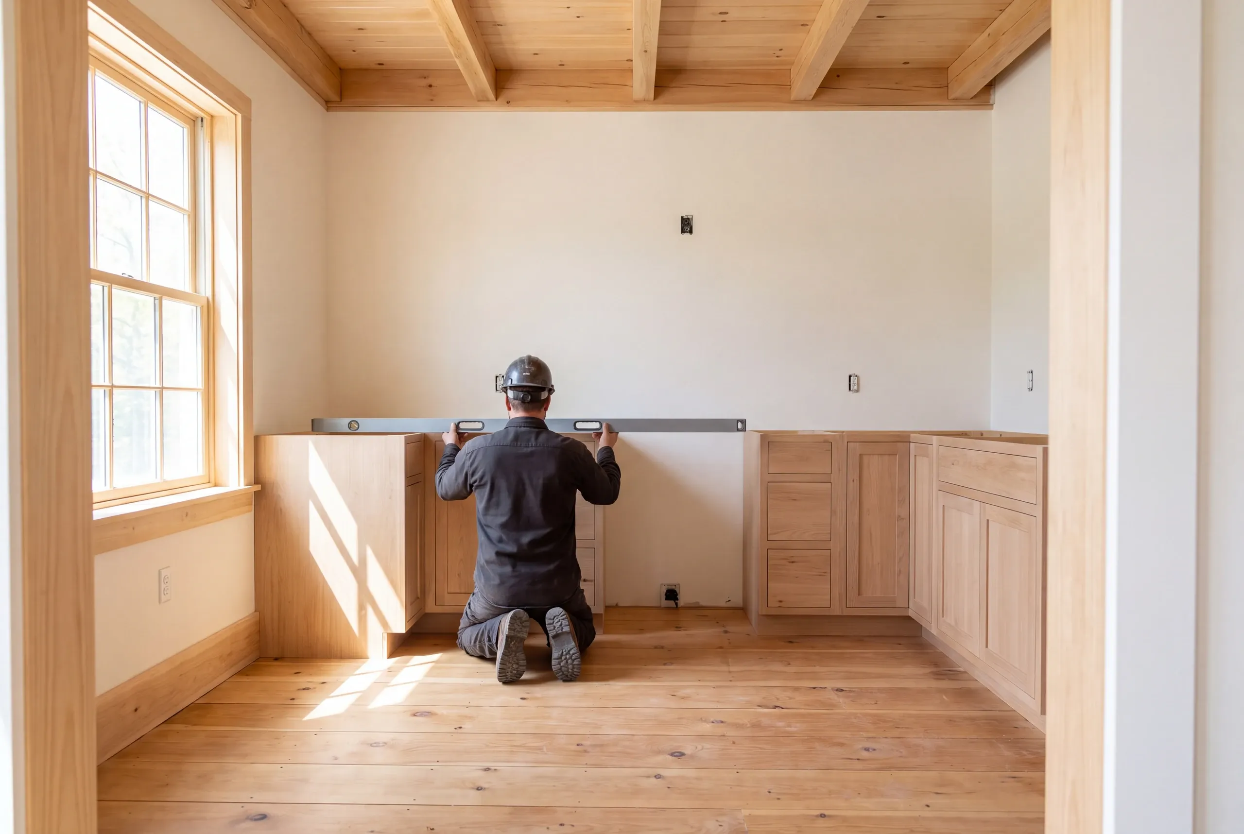 A worker kneels on a wooden floor in a kitchen, holding a level across base cabinets.