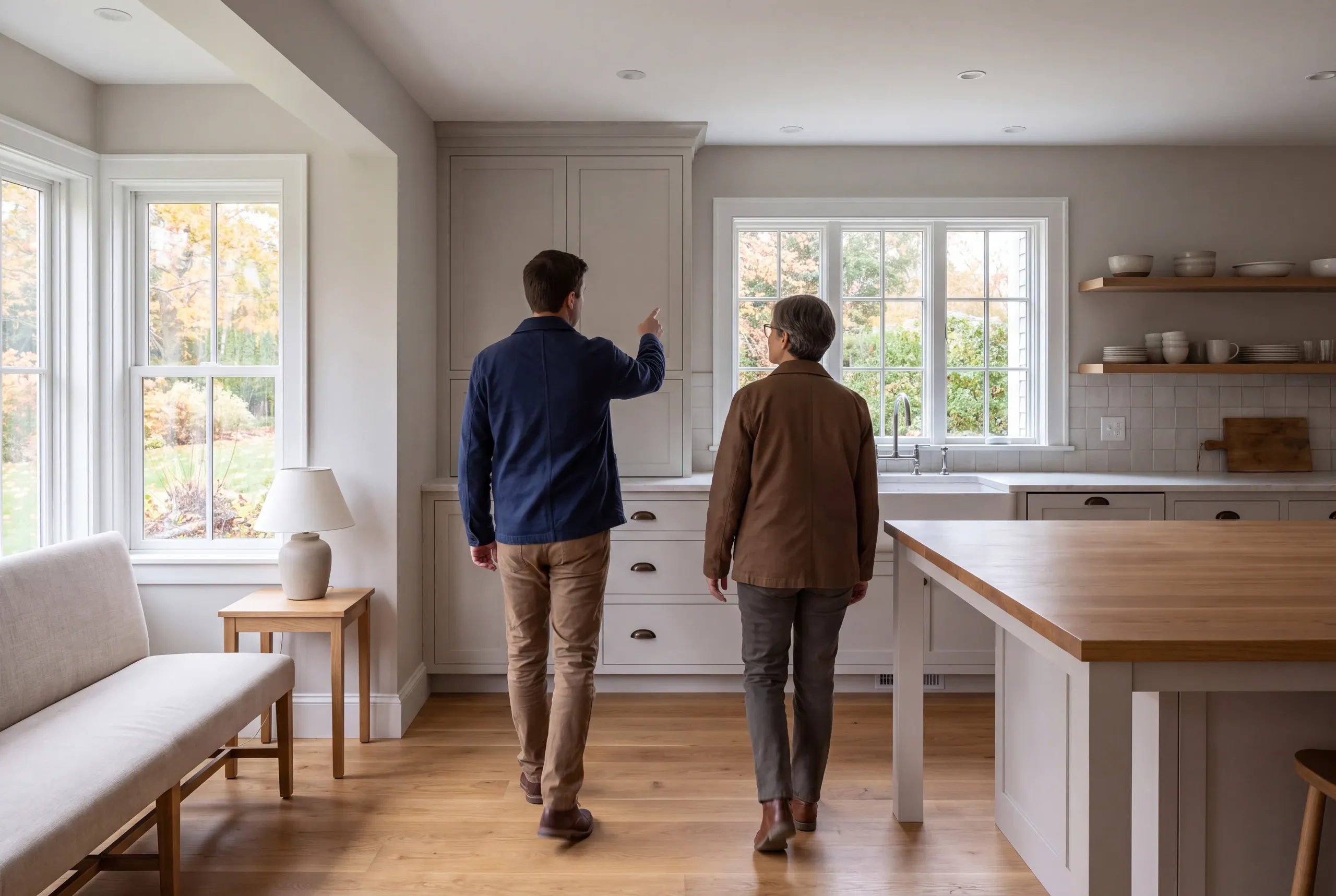Two adults seen from behind walking through a remodeled kitchen with shaker cabinets and wooden floors.
