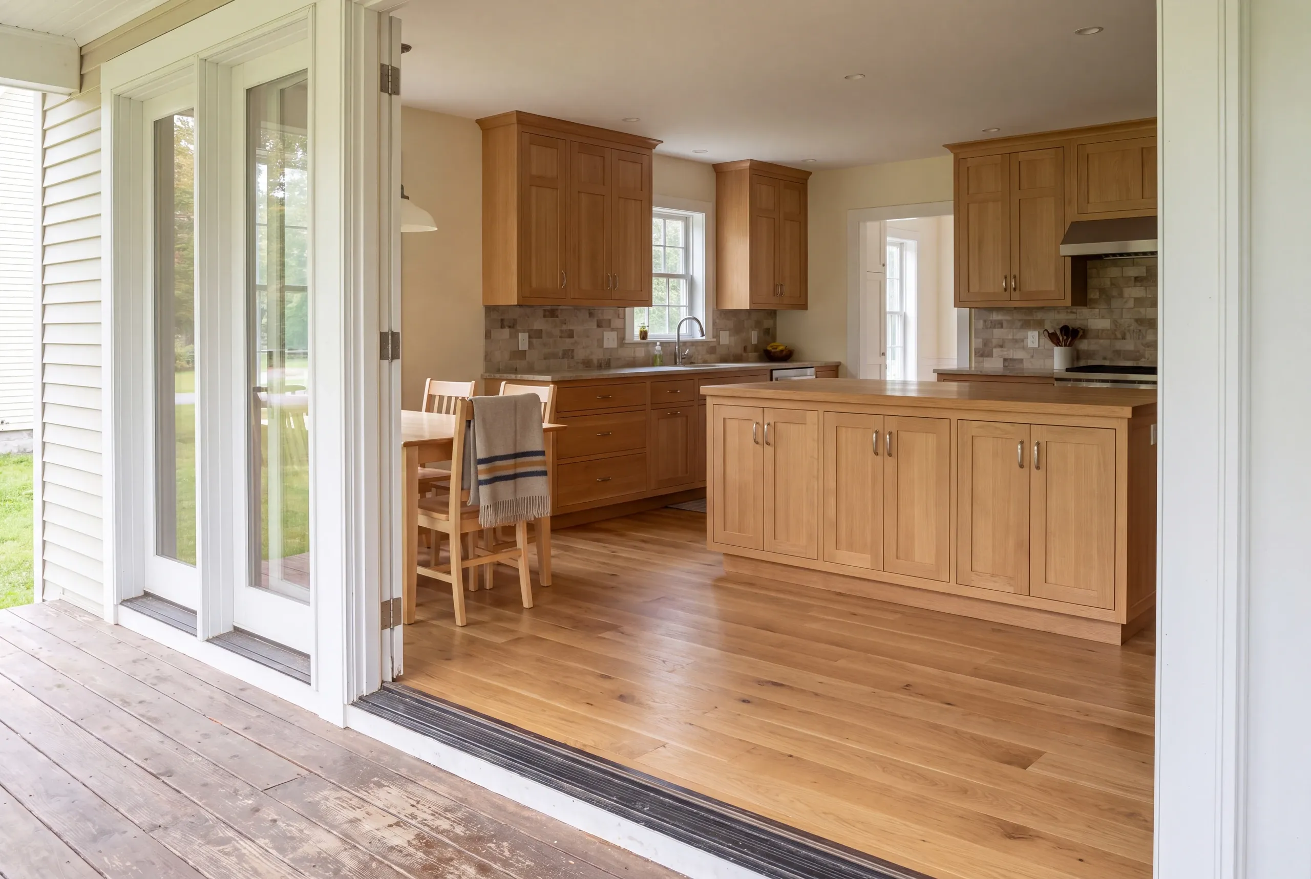A view from an outdoor wooden deck looking through open glass sliding doors into a finished kitchen with light wood cabinetry, a central island, and hardwood floors.