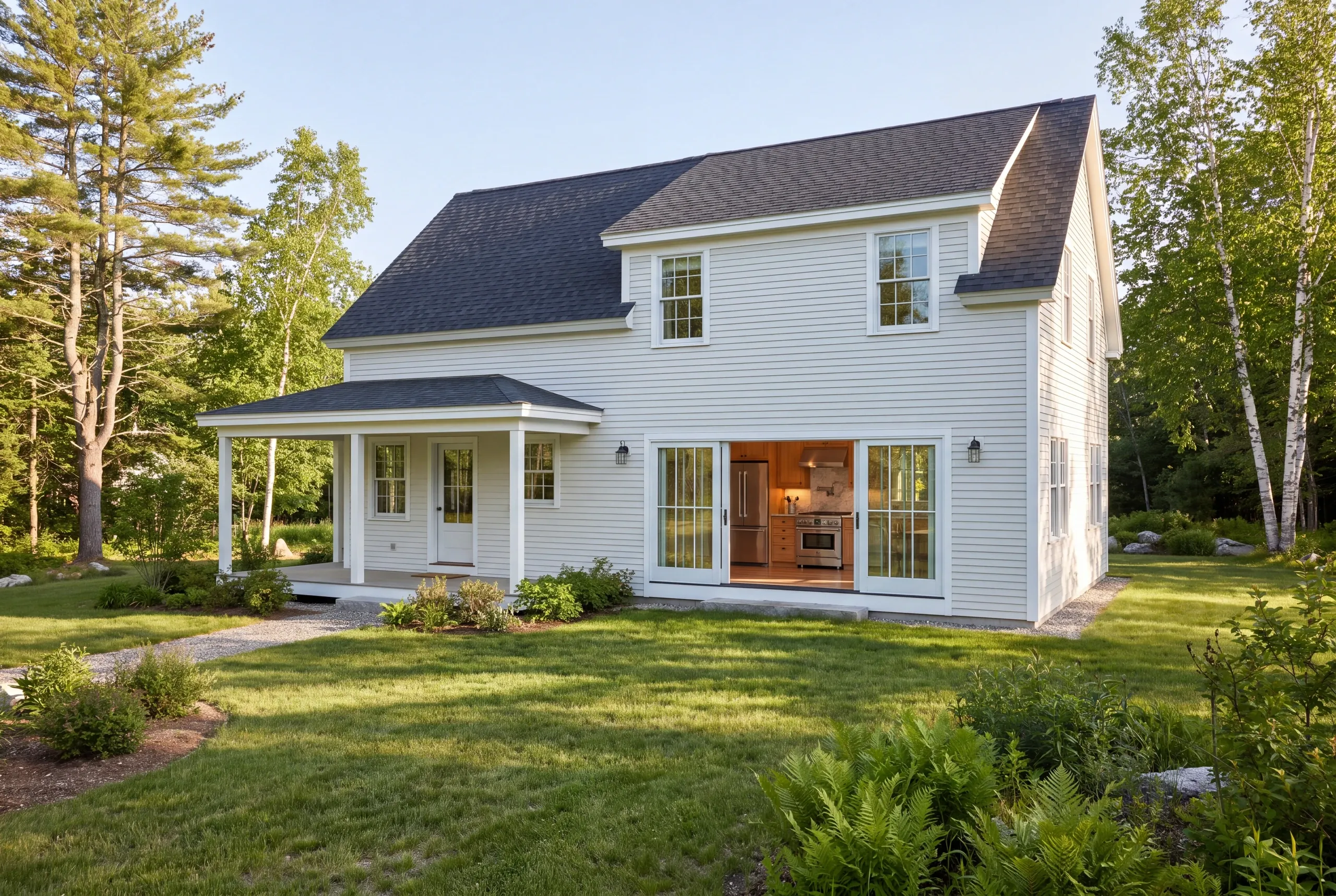 An exterior view of a two-story white house with a porch and an open set of glass doors showing a kitchen inside.