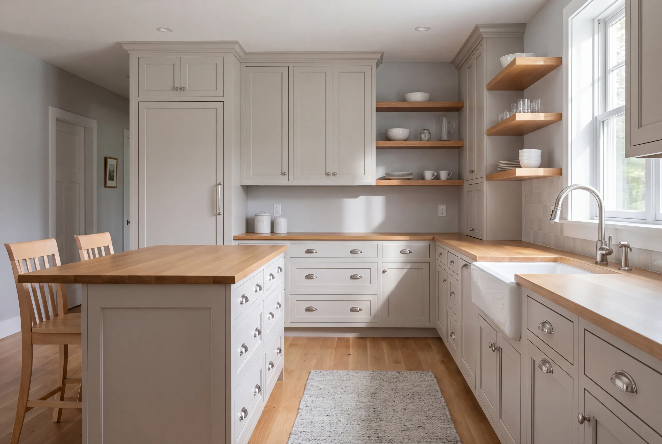 A kitchen features light gray shaker cabinetry, wooden countertops, open shelving, a white farmhouse sink, and a central island with drawers.