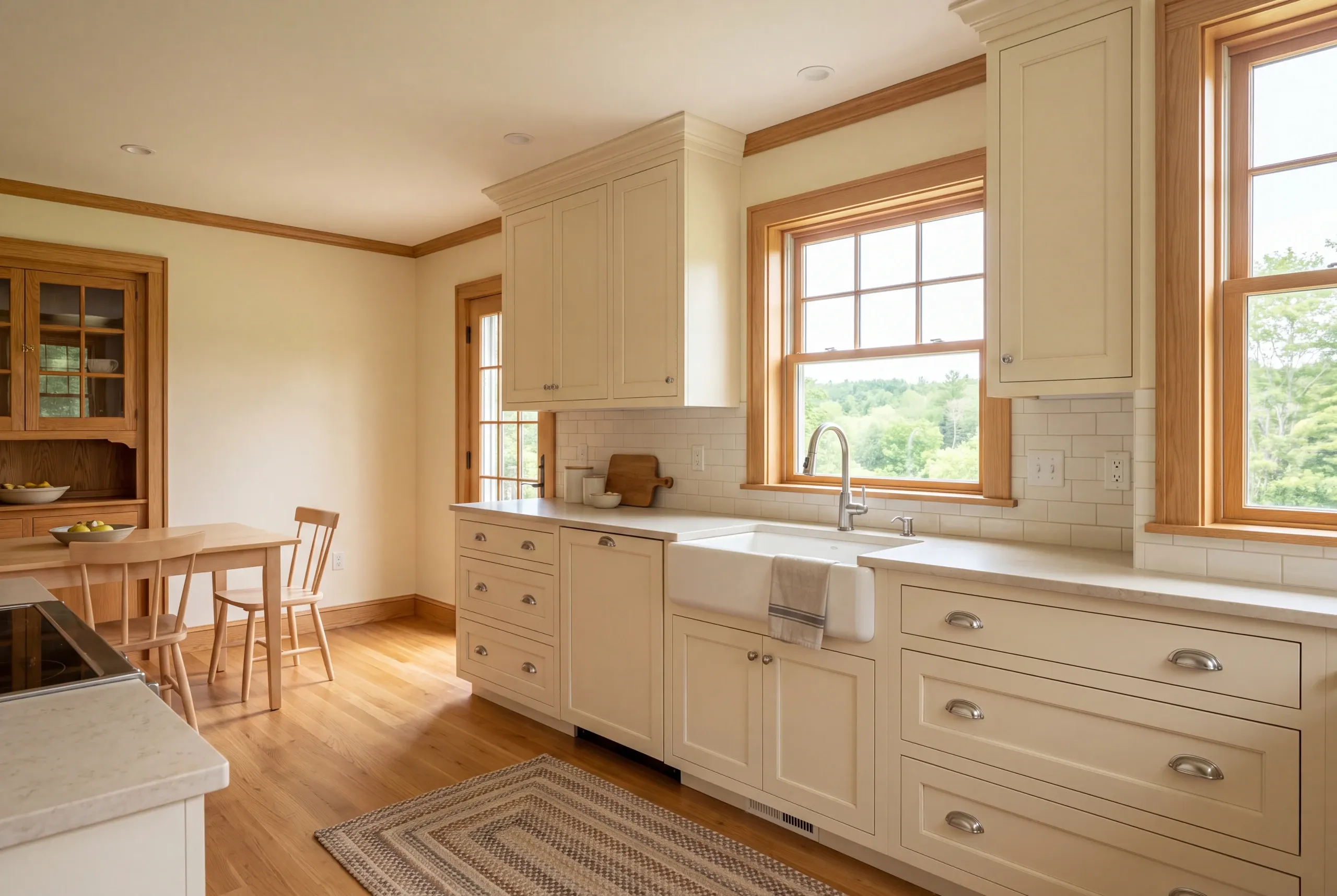 A bright kitchen features pale shaker cabinets, light countertops, white subway tile backsplash, an apron-front sink, and a dining table with chairs in the background.