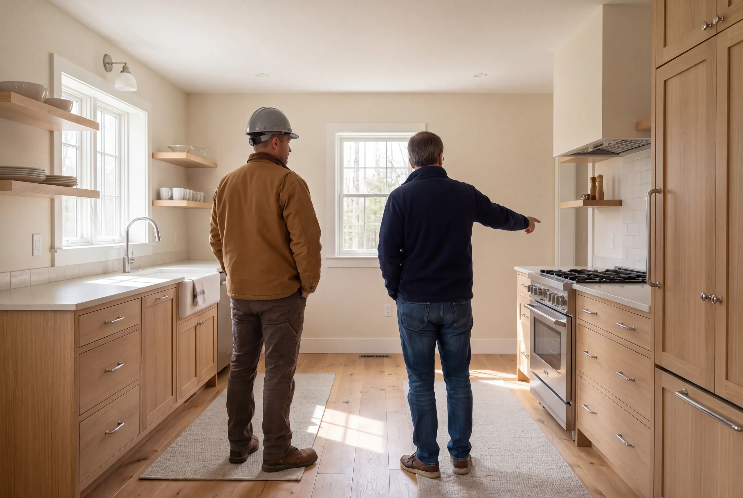 Two men stand in a finished kitchen with wooden cabinets, a sink, and a range, with one person pointing toward the appliance area.