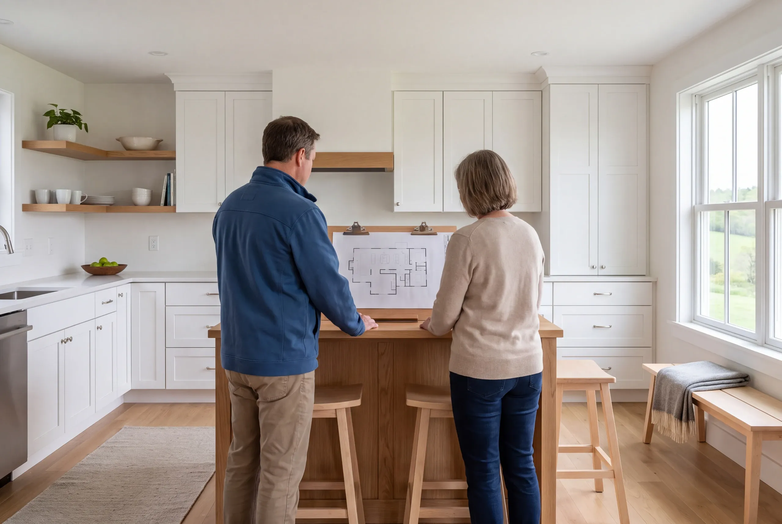 Two adults seen from behind stand at a wooden kitchen island reviewing a floor plan inside a bright modern kitchen with white cabinetry.
