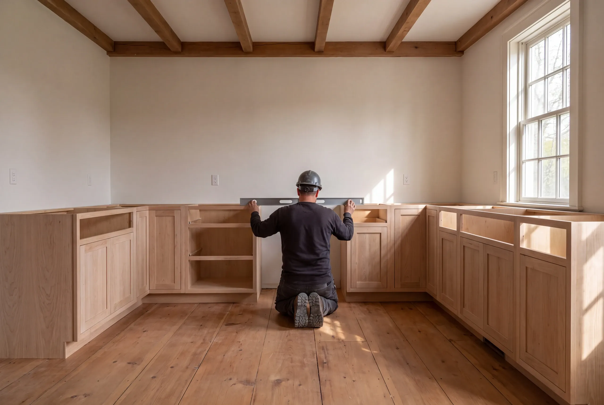 An adult wearing a hard hat and dark clothing kneels on a wooden floor in a room, holding a long level against the wall above unfinished wooden base cabinets.