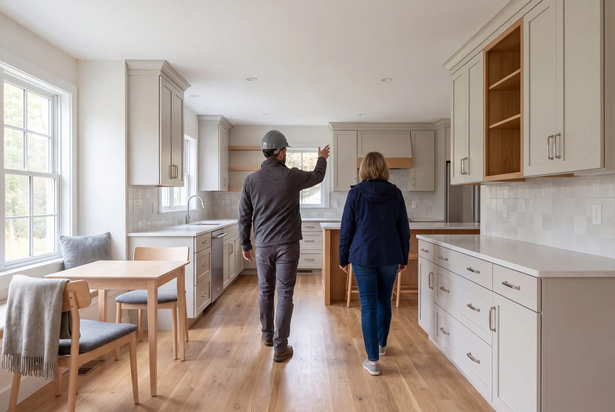 Two people are seen from behind walking through a finished kitchen with light-colored cabinetry and wooden floors.