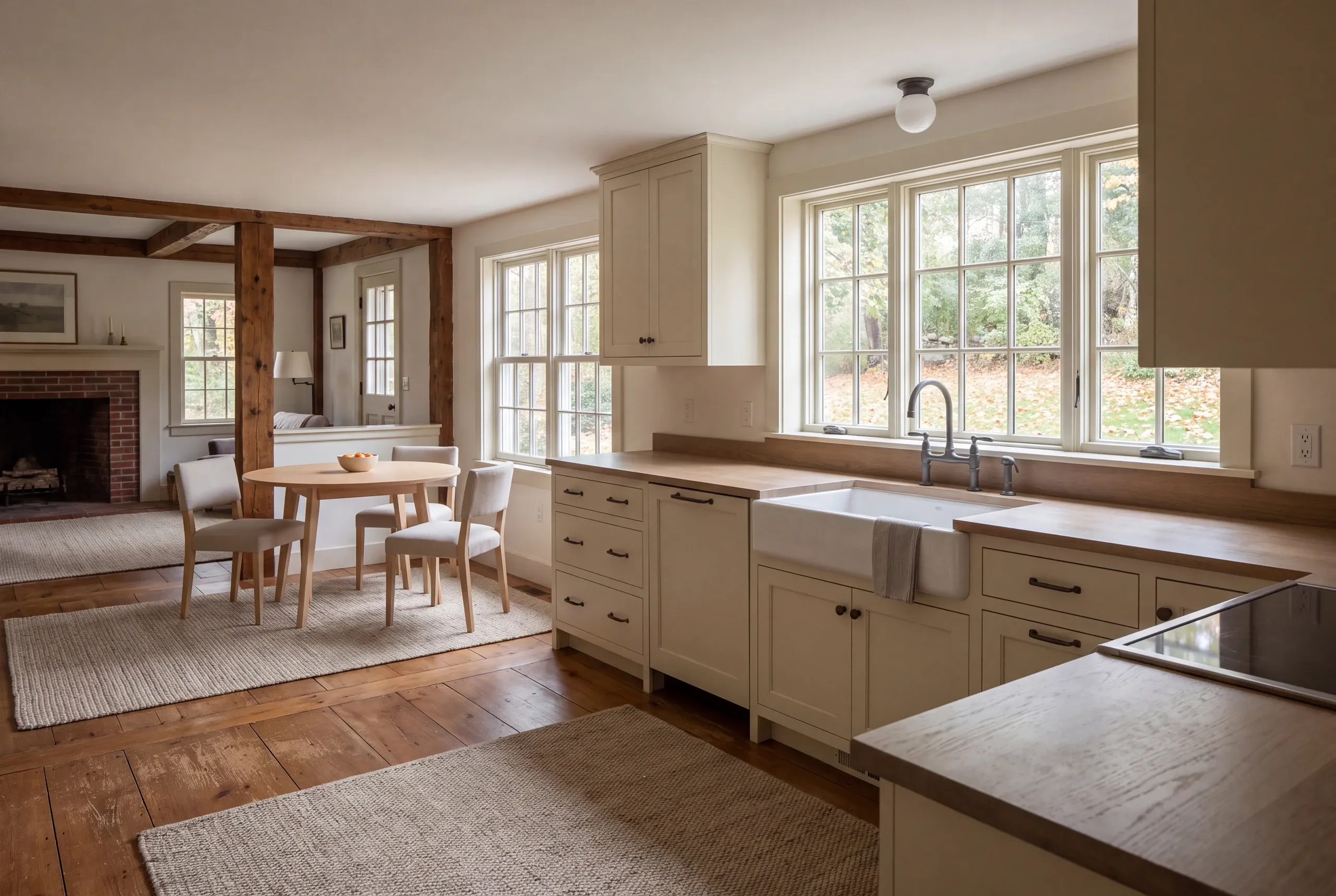 A finished kitchen with shaker-style cabinetry, wooden countertops, and a farmhouse sink overlooking an outdoor wooded area.