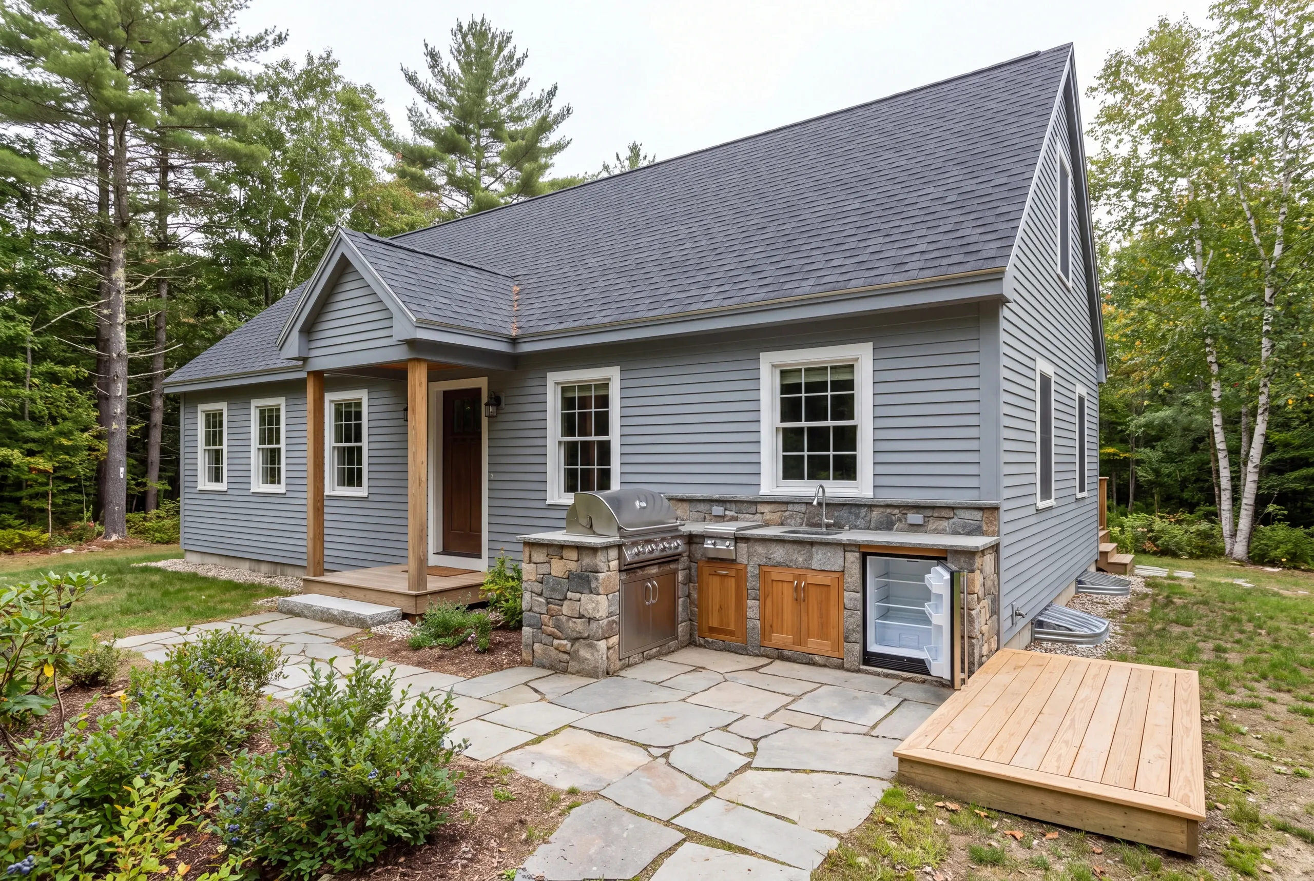 An outdoor stone kitchen counter with a built-in grill and open mini-refrigerator is set up on a stone patio next to a gray-sided house.