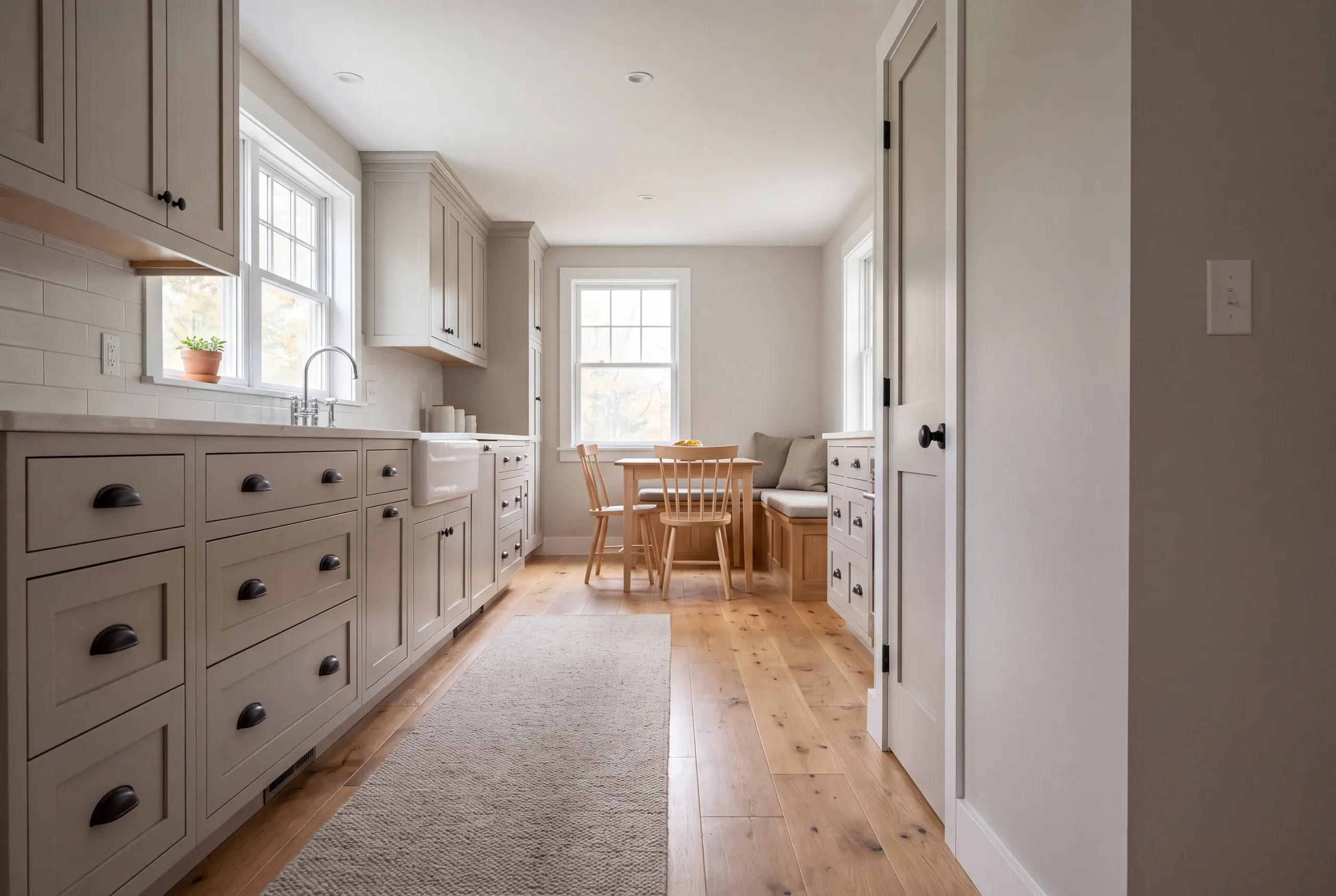 A bright kitchen features light grey shaker cabinetry, hardwood floors, a runner rug, and a dining nook in the background.