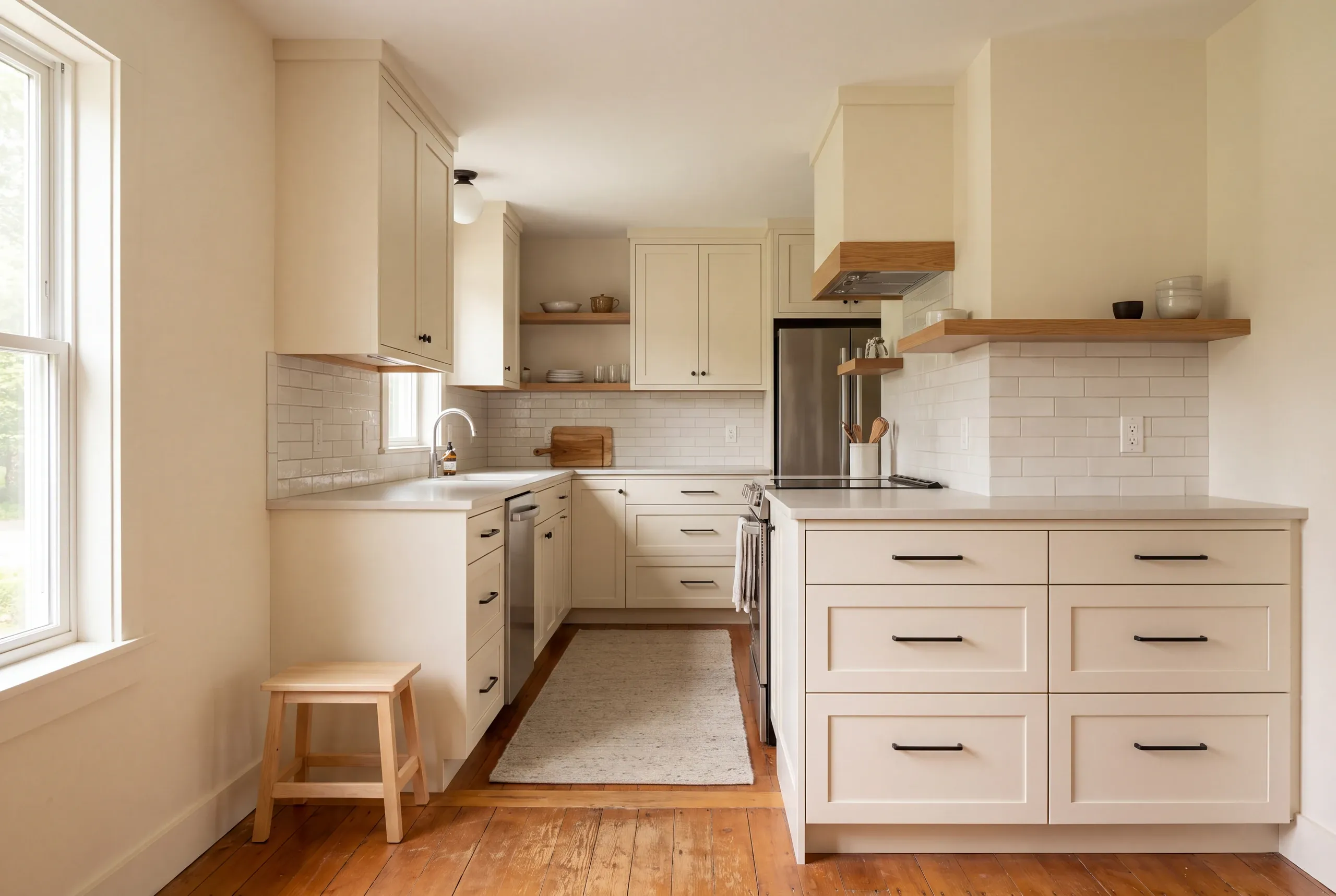A finished kitchen featuring cream-colored shaker cabinets, pale countertops, white subway tile backsplash, and a wooden stool.