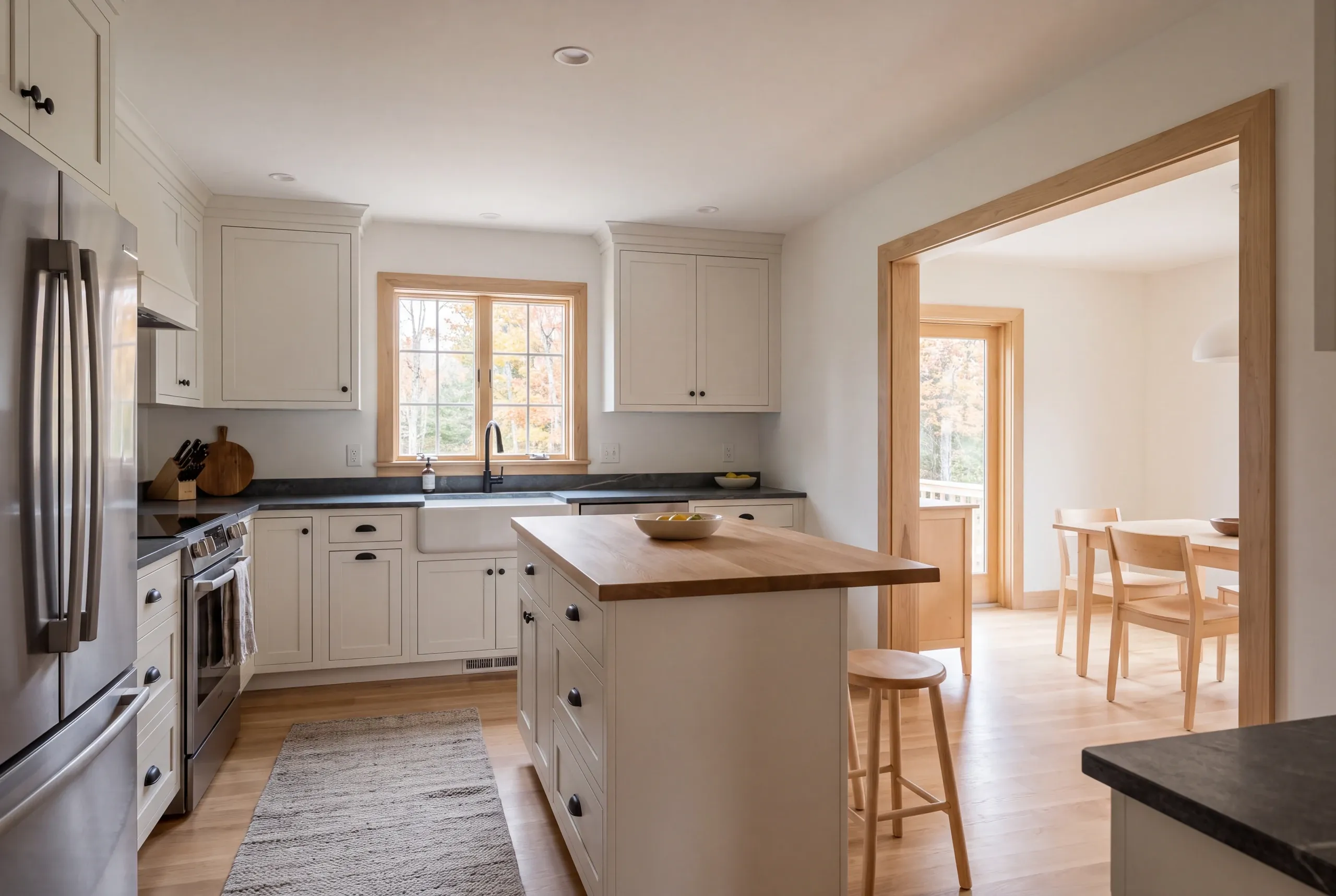 A finished kitchen with white cabinetry, a wooden central island, stainless steel appliances, and an open doorway leading to a dining area.