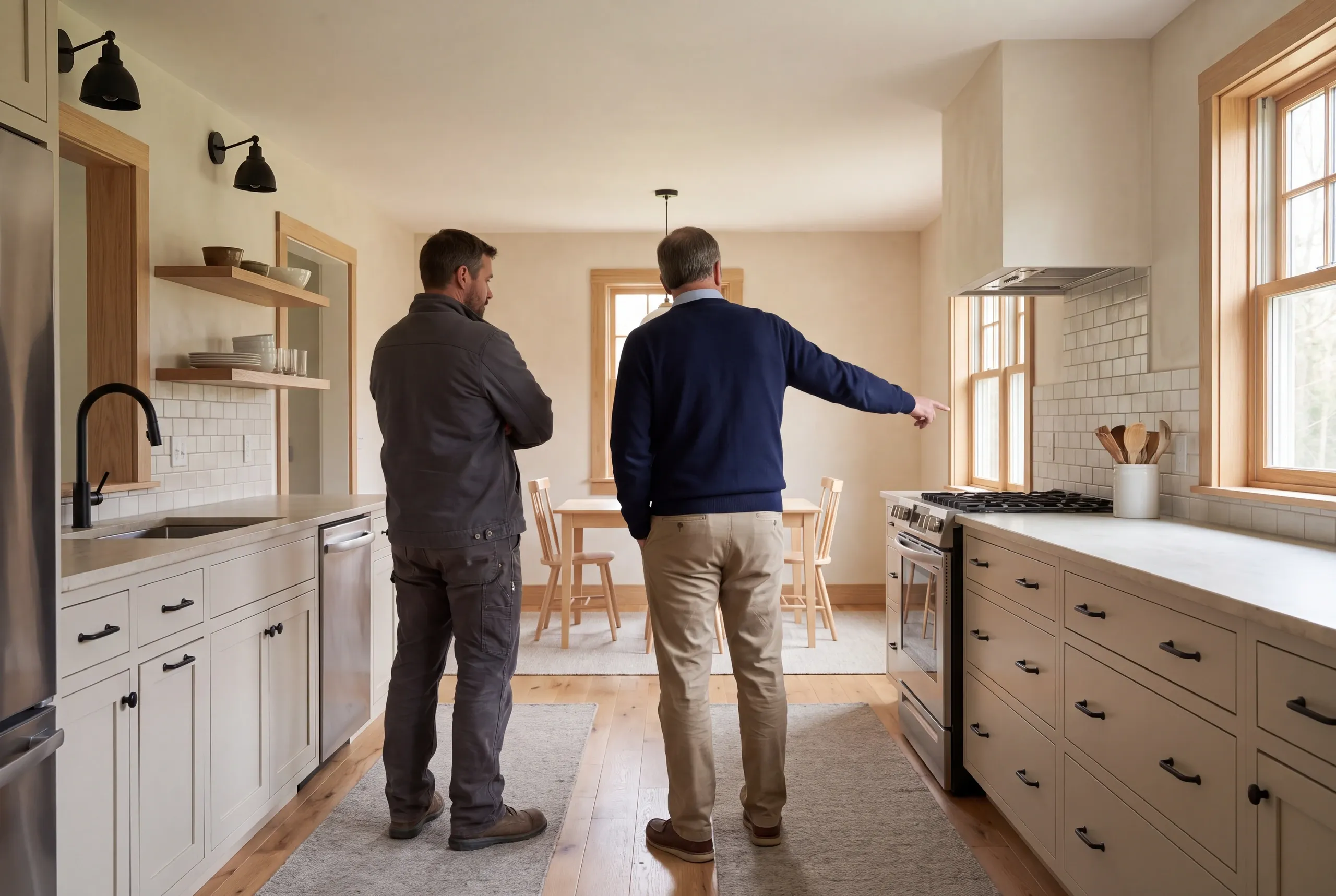 Two men stand in a finished kitchen looking toward a cooking area and dining space.