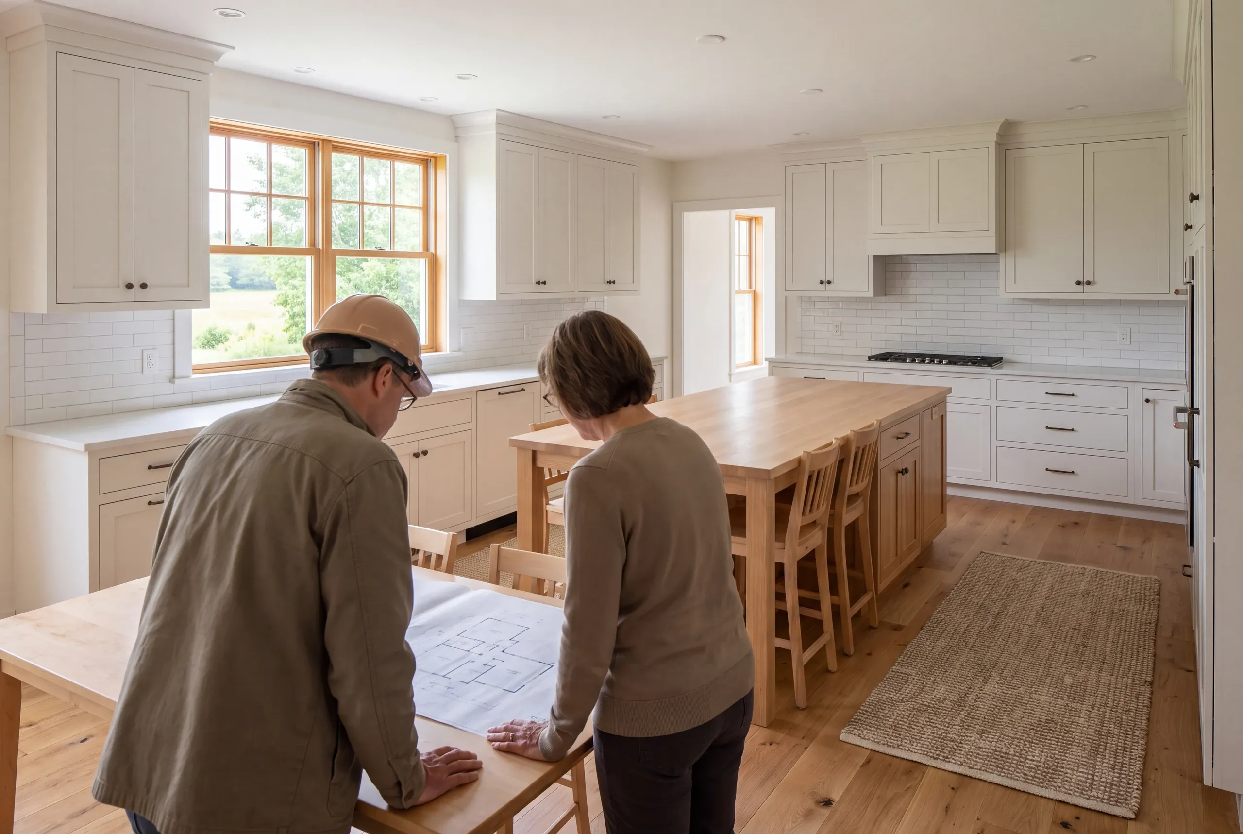 Two adults stand seen from behind reviewing a floor plan spread across a wooden table in a newly remodeled kitchen.