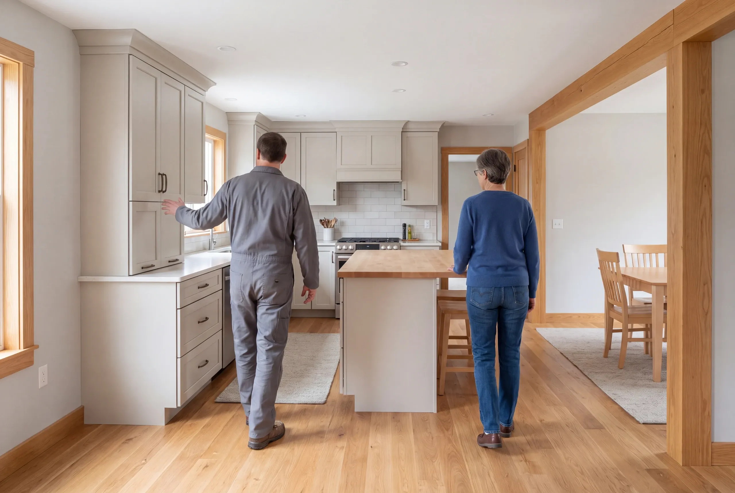 Two adults seen from behind walking through a remodeled kitchen with shaker cabinets and a center island.