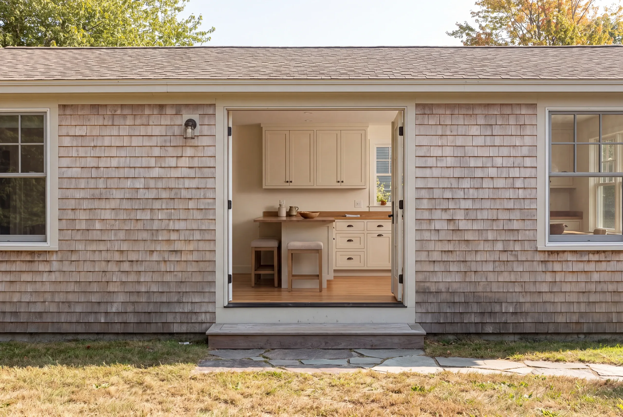 An exterior view of a shingled building with open double doors showing an interior kitchen with shaker cabinetry.