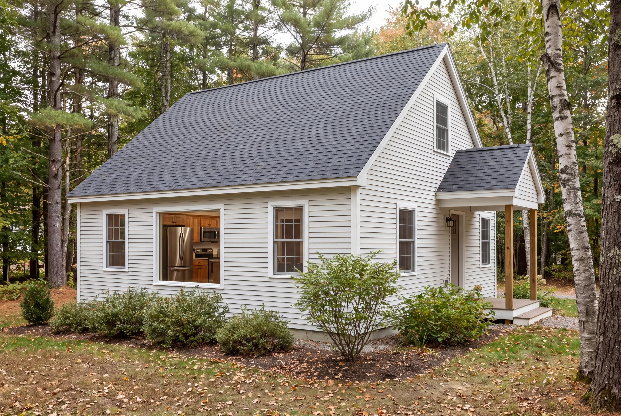 Exterior view of a small white-sided house with a dark roof surrounded by trees, with a kitchen interior visible through a large window.
