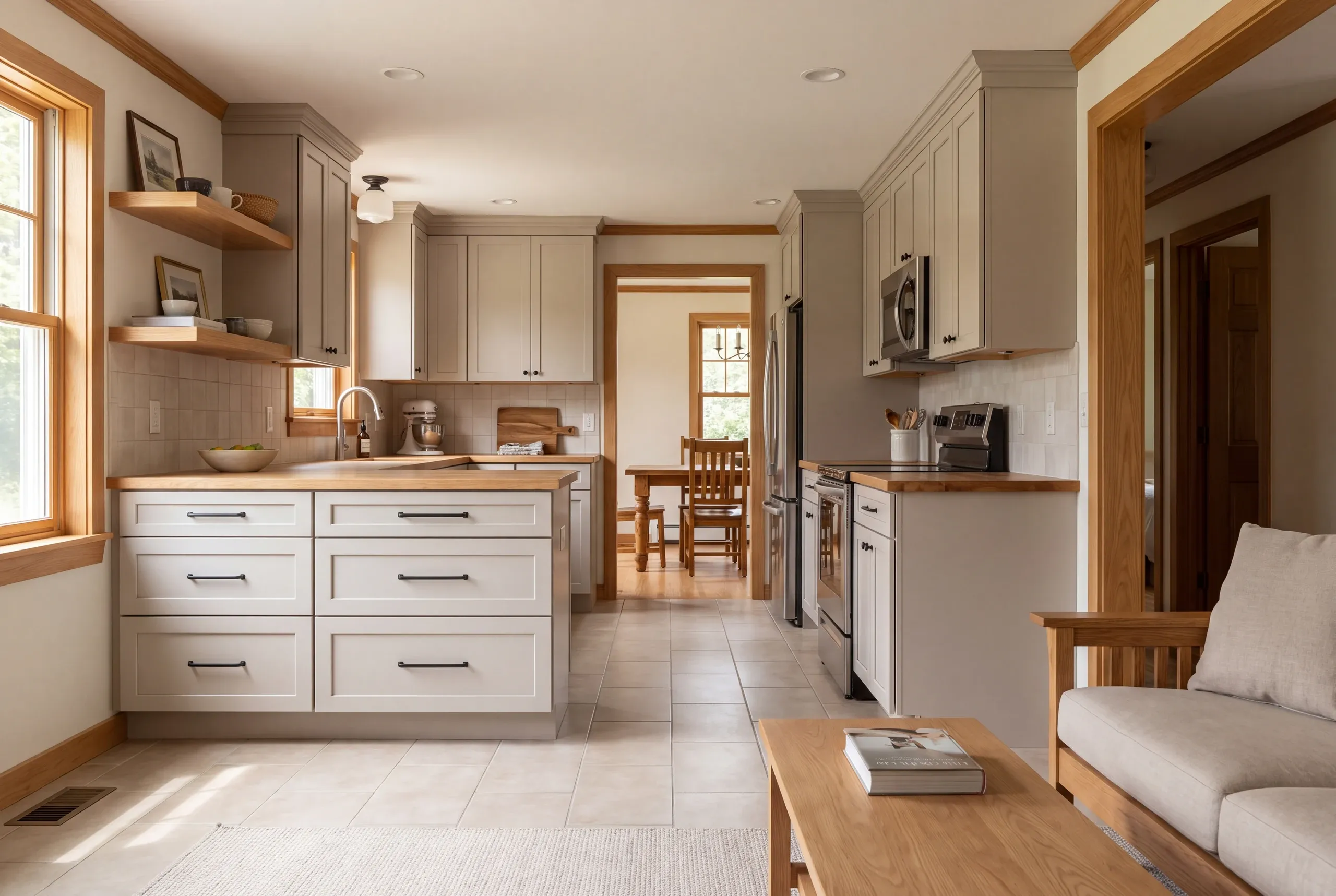 A finished kitchen with light gray shaker cabinetry, wood countertops, and a tile floor, viewed from an adjacent living area.