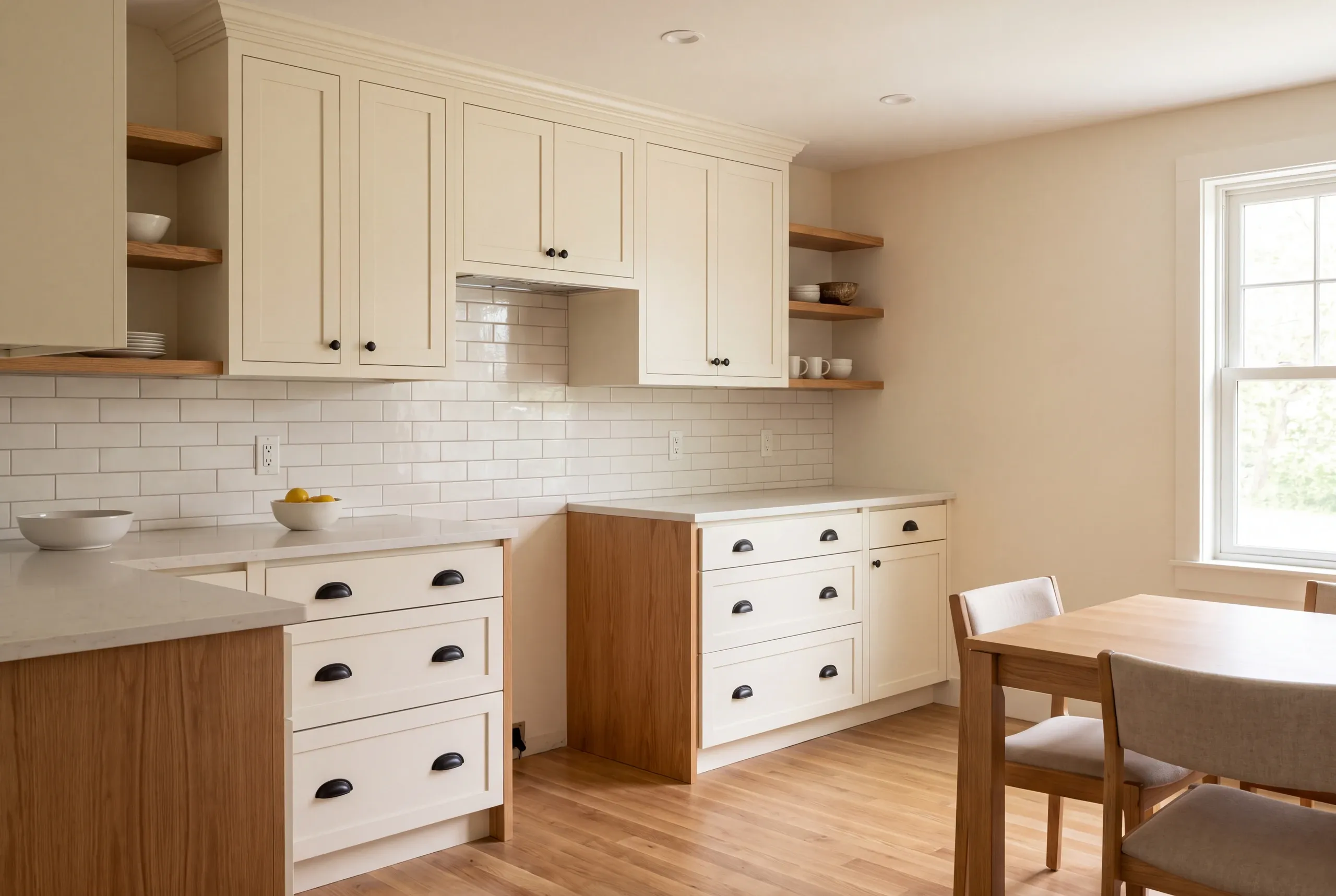 A kitchen with cream shaker cabinets, wooden accents, white countertops, and a white tile backsplash.