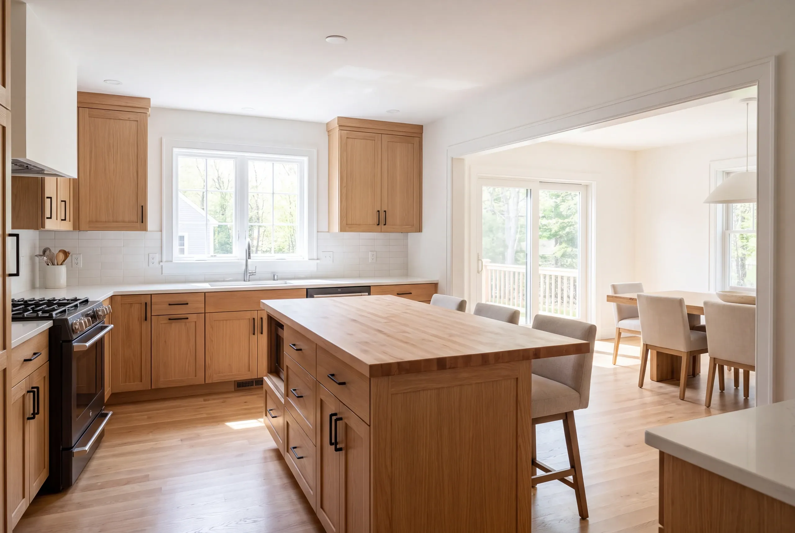 A newly finished kitchen features wooden cabinetry, a central island with a butcher block top, stainless steel appliances, and an open doorway leading to a dining space.
