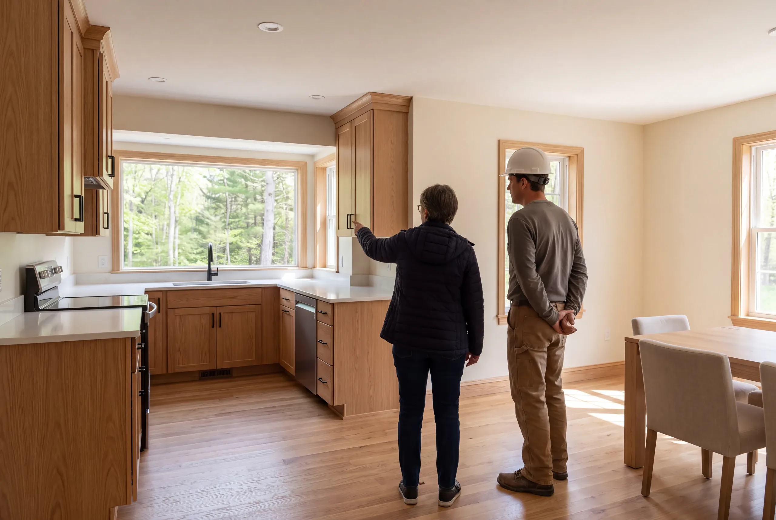 Two adults stand in a kitchen with wooden cabinets and a large window, viewed from behind.
