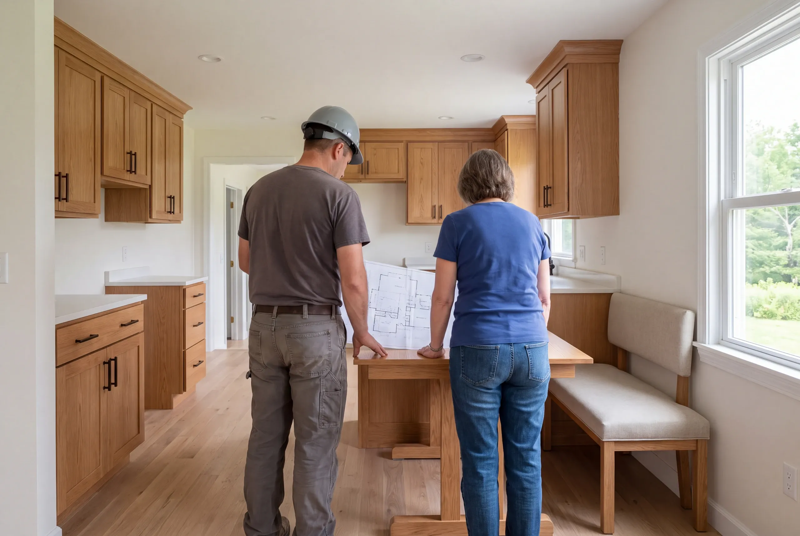 A person in a hard hat and another person stand in a kitchen with wooden cabinets, reviewing a blueprint on a table.