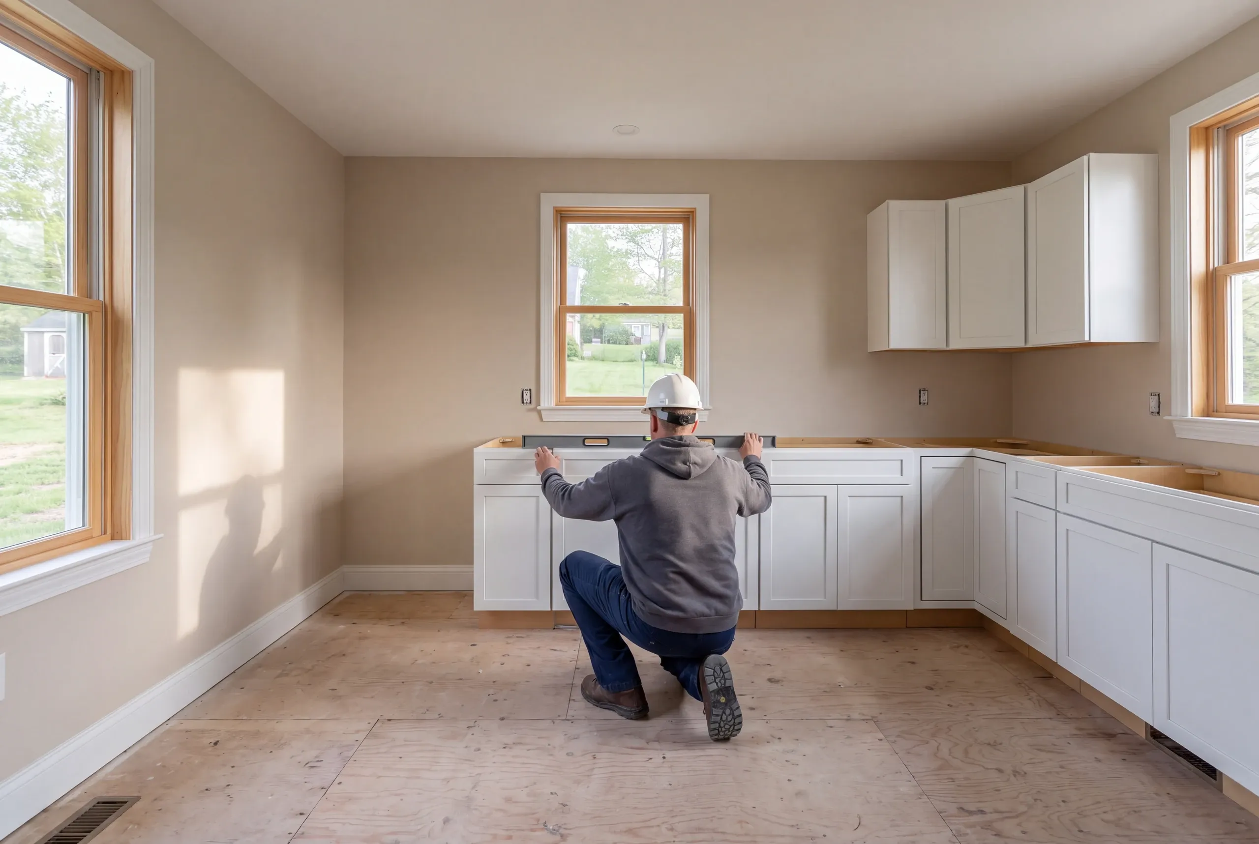 An adult wearing a hard hat kneels on a plywood floor, holding a long level across newly installed white base cabinets in an unfinished kitchen.