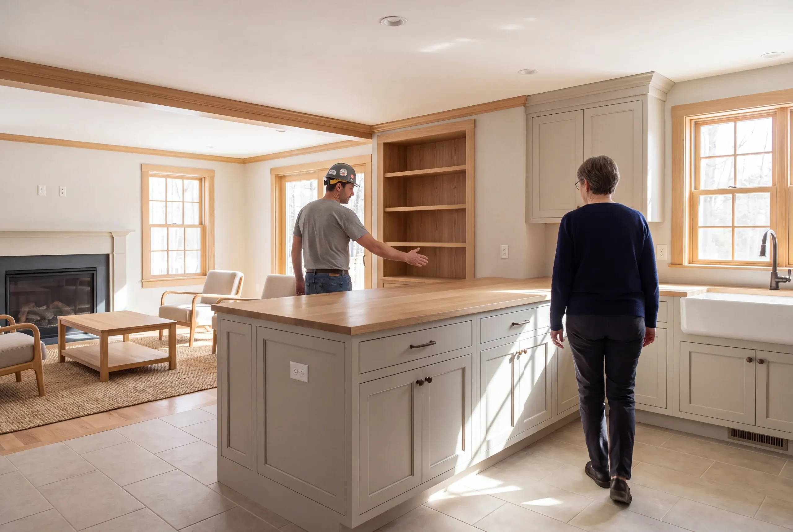 Two adults walk through a finished kitchen with an island and white cabinetry.