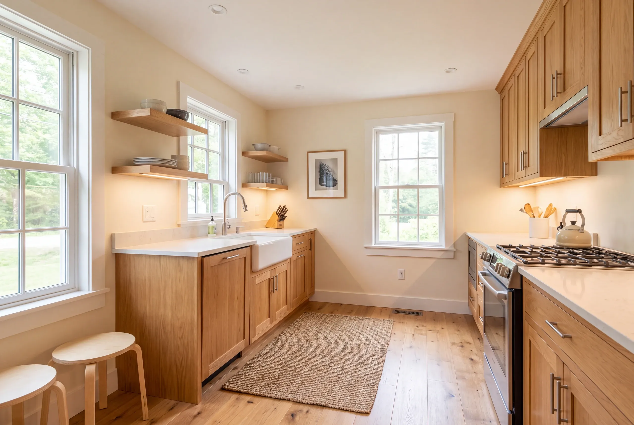 Kitchen remodeling in Durham, ME: a bright compact kitchen with wooden cabinets, white countertops, a farmhouse sink, and a gas range.