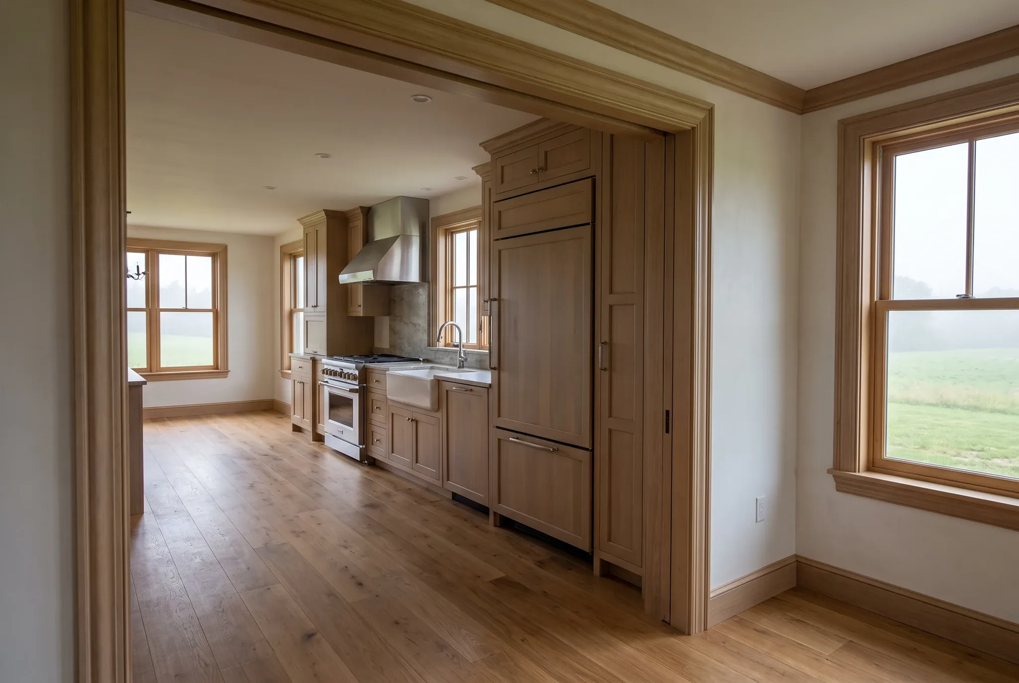 A finished kitchen with wooden cabinetry, a range with a metal hood, and a built-in refrigerator viewed through a wooden doorway.