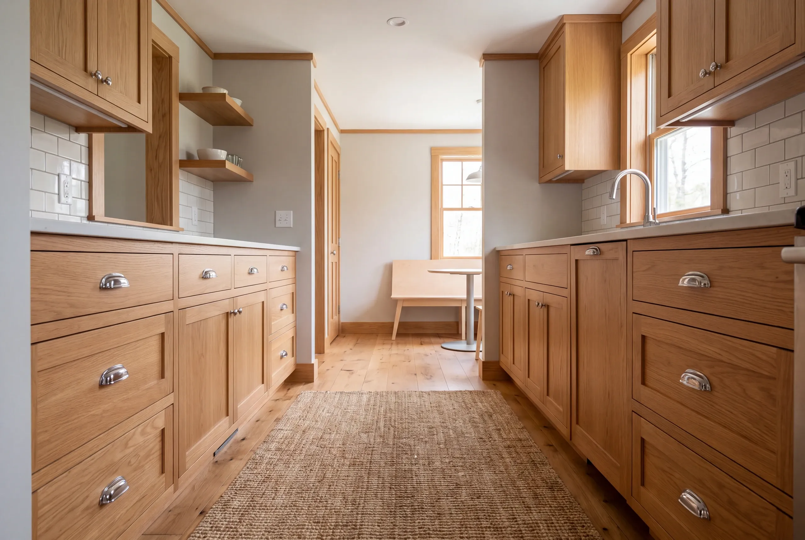 A bright galley kitchen featuring light wood shaker cabinetry, white countertops, white tile backsplash, and a woven runner rug on the wooden floor.