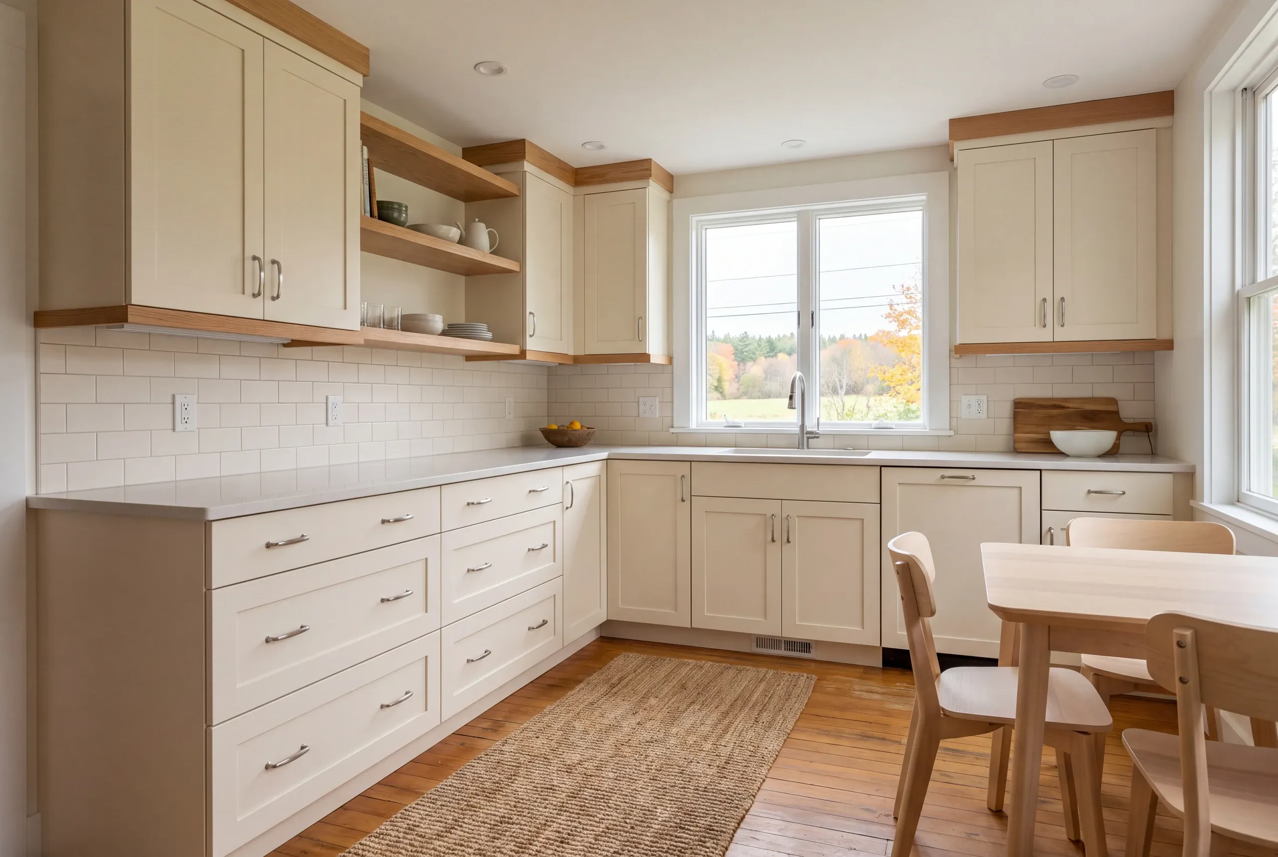 A complete kitchen features pale shaker cabinets, light countertops, white subway tile backsplash, and wooden open shelving with dishes.