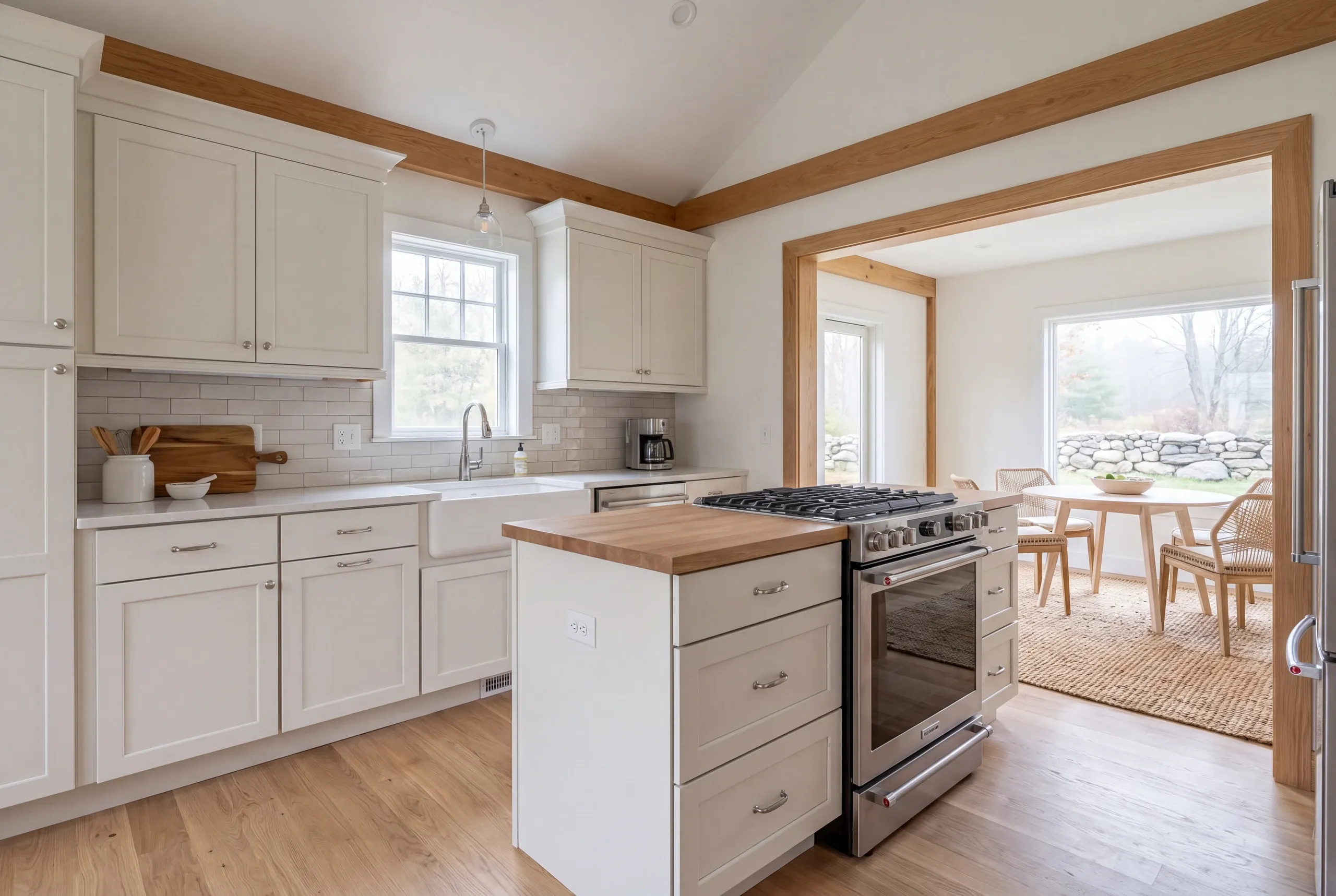 A newly finished kitchen features white cabinetry, wooden ceiling beams, a central island with a built-in range, and an open entryway to an adjacent dining space with a table and chairs.