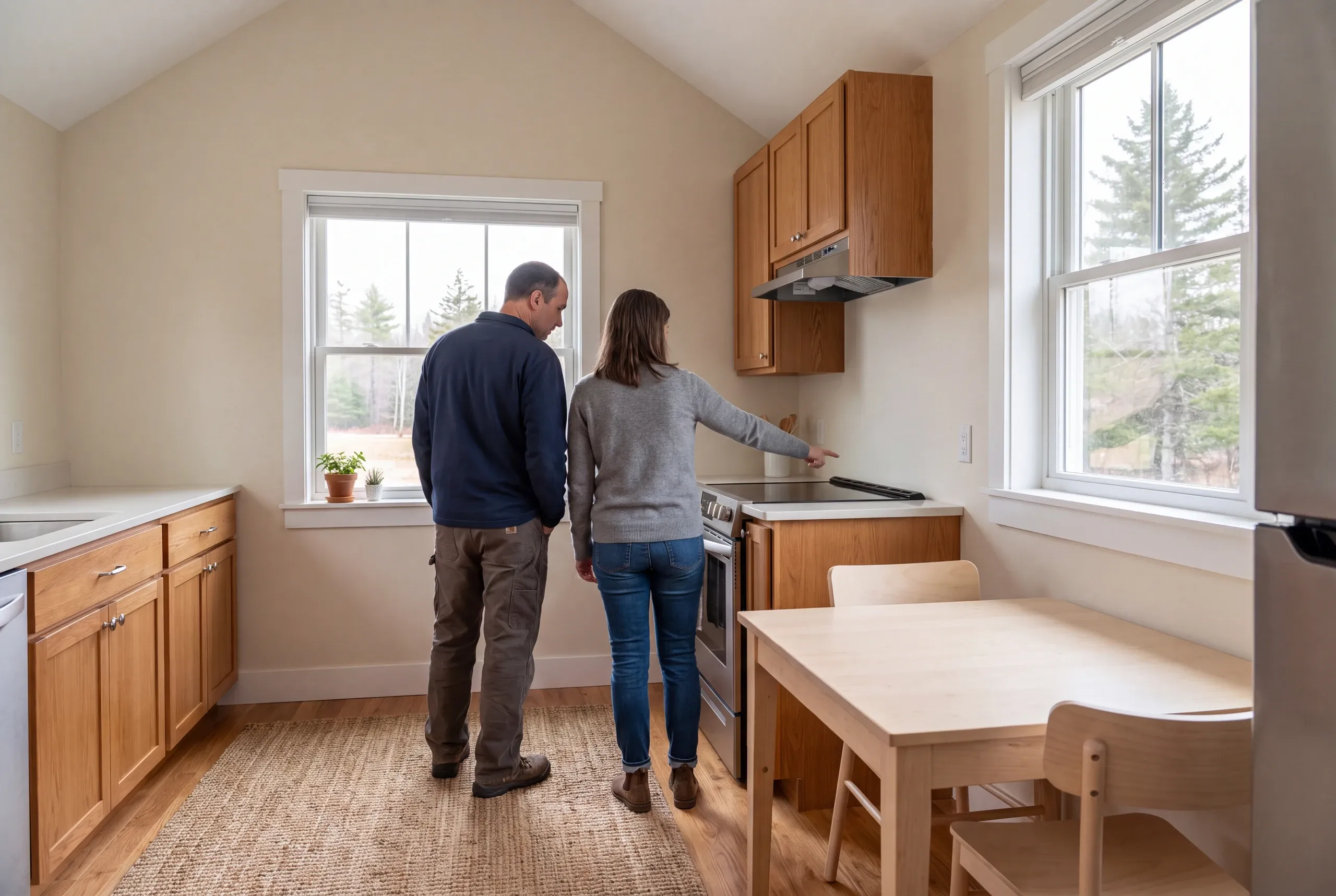 Two adults stand in a kitchen with wooden cabinets while one points toward the stove area.