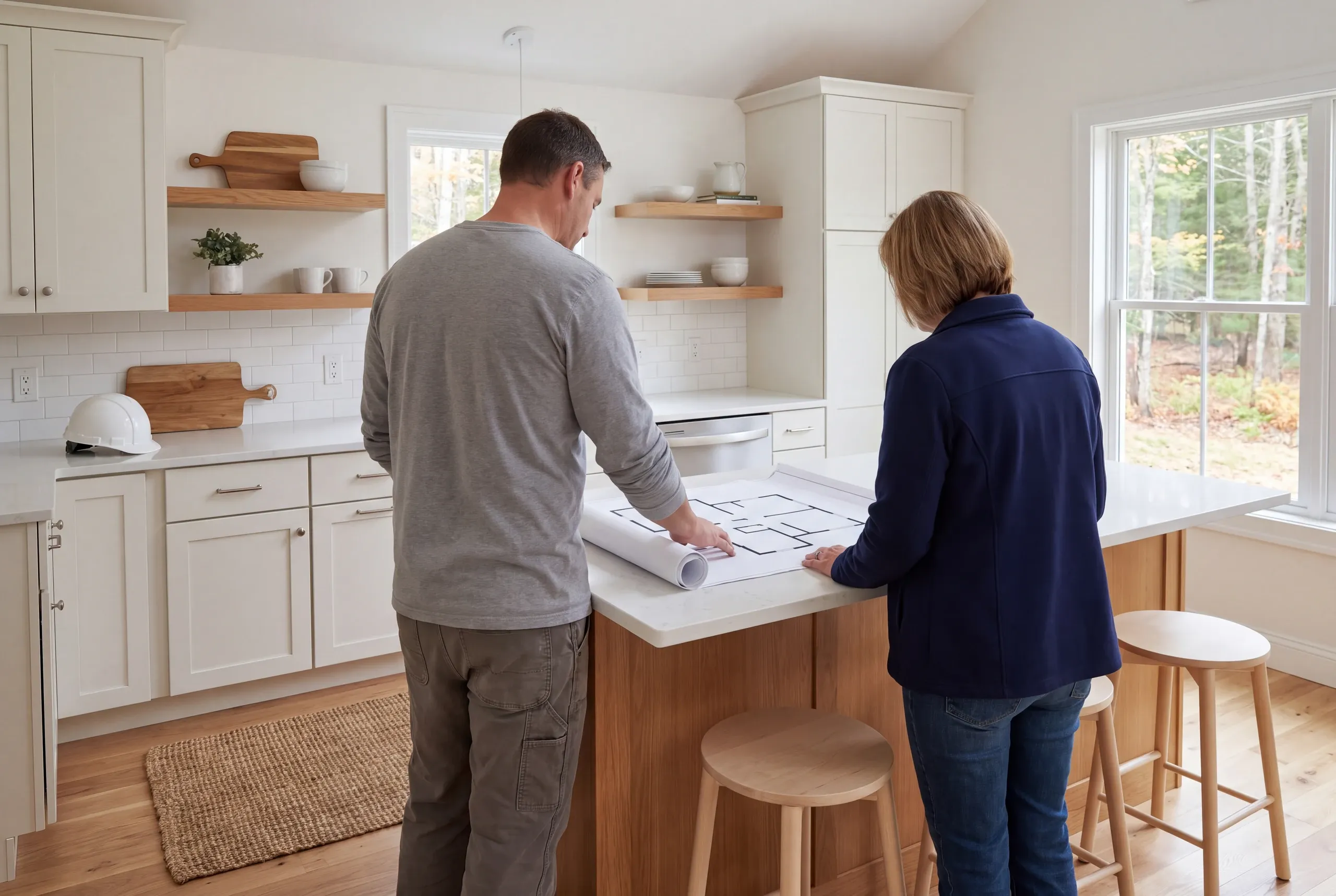 Two adults seen from behind look down at a floor plan spread across a kitchen island in a remodeled kitchen.